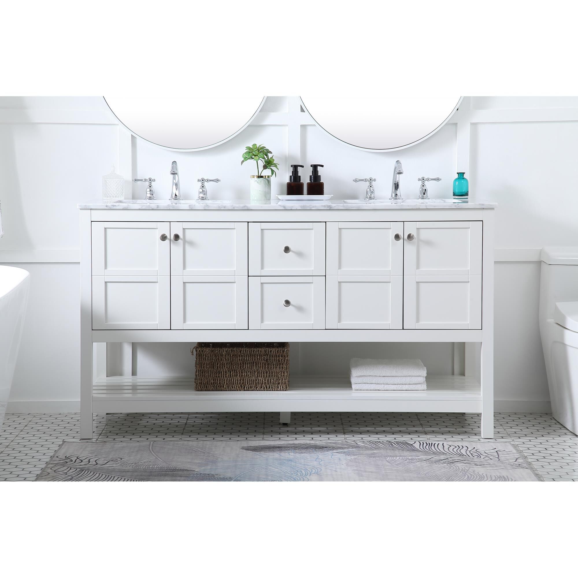 Shown in White And Brushed Nickel With Carrara White Marble finish