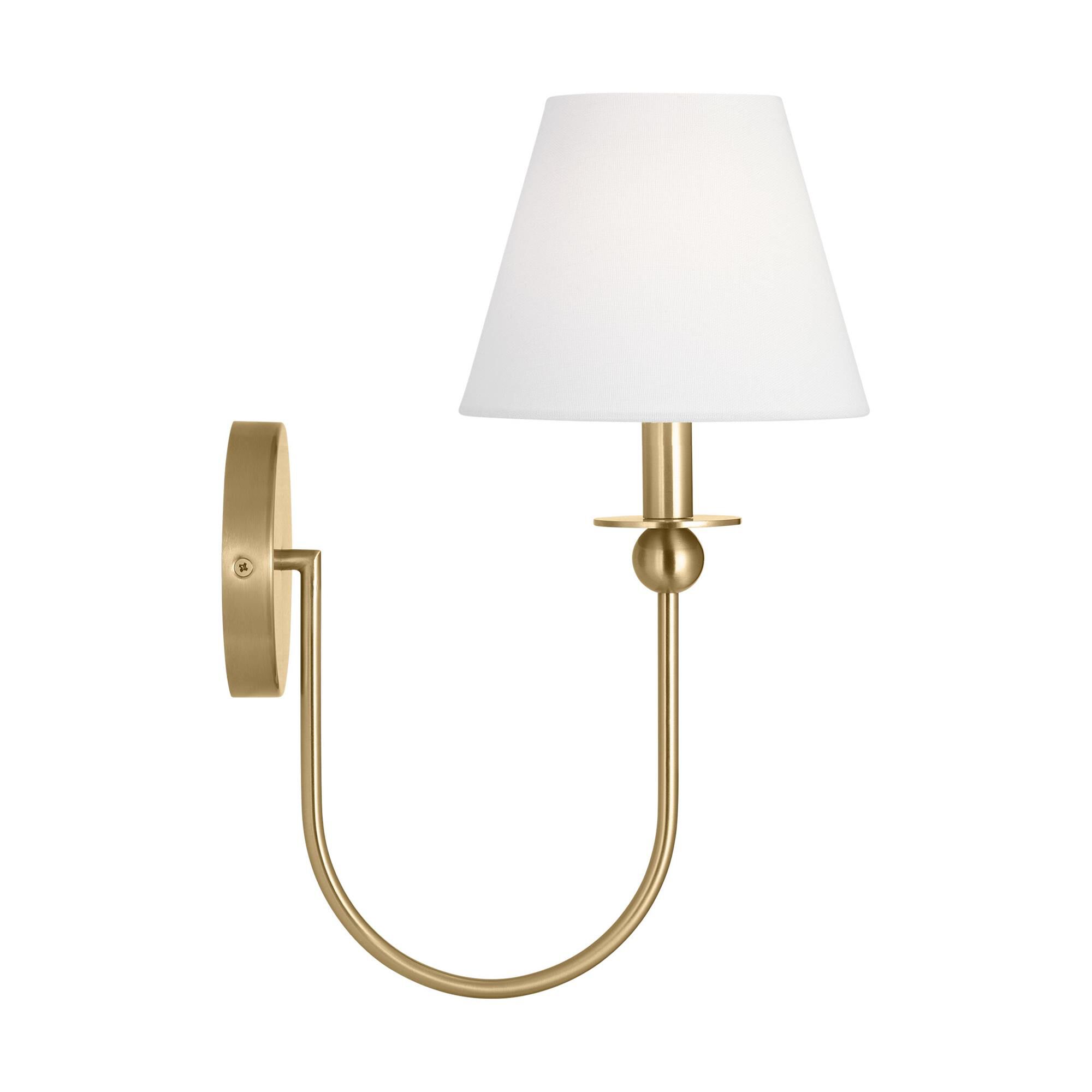 Shown in Satin Brass finish and White Linen shade