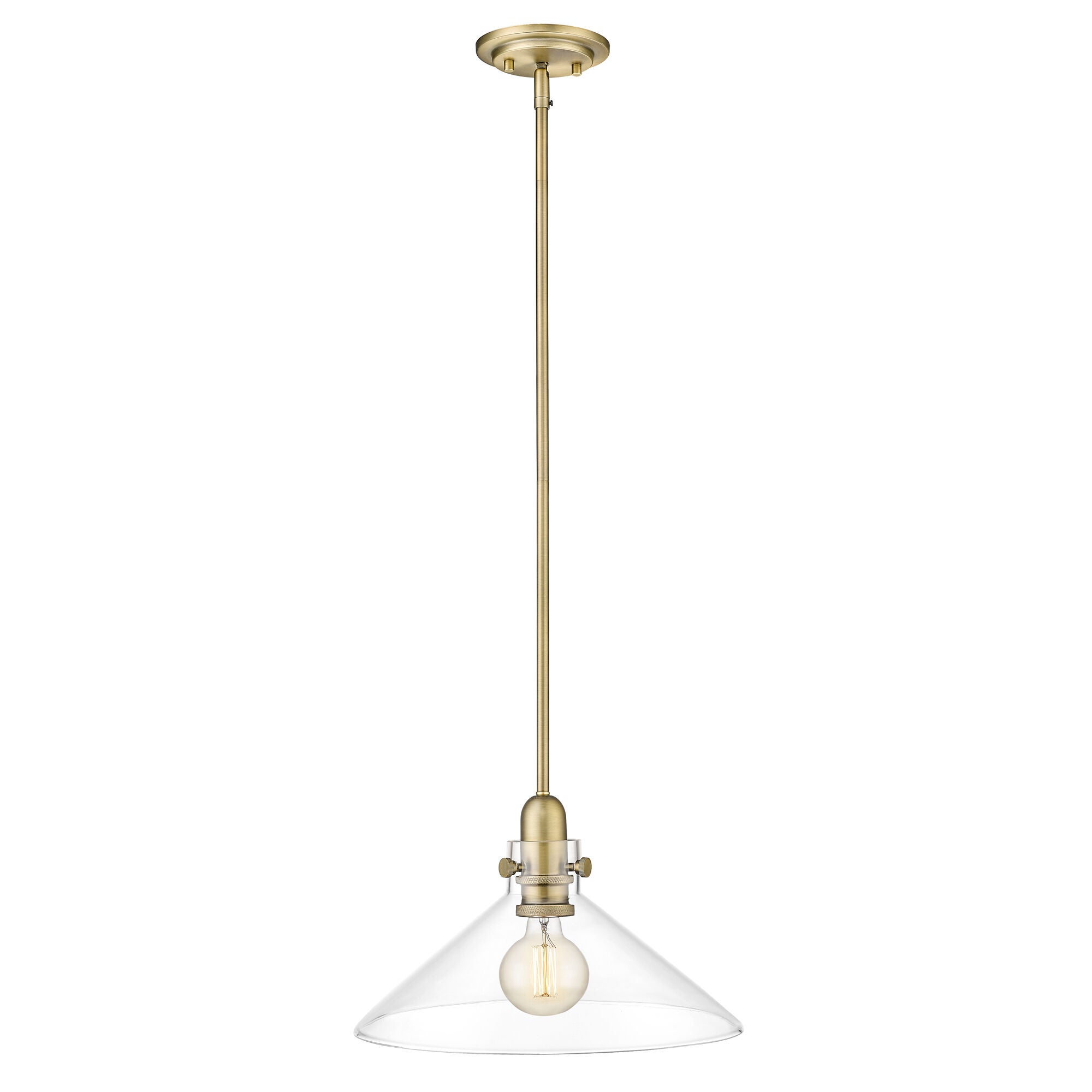 Shown in Antique Brass finish and Clear Glass shade