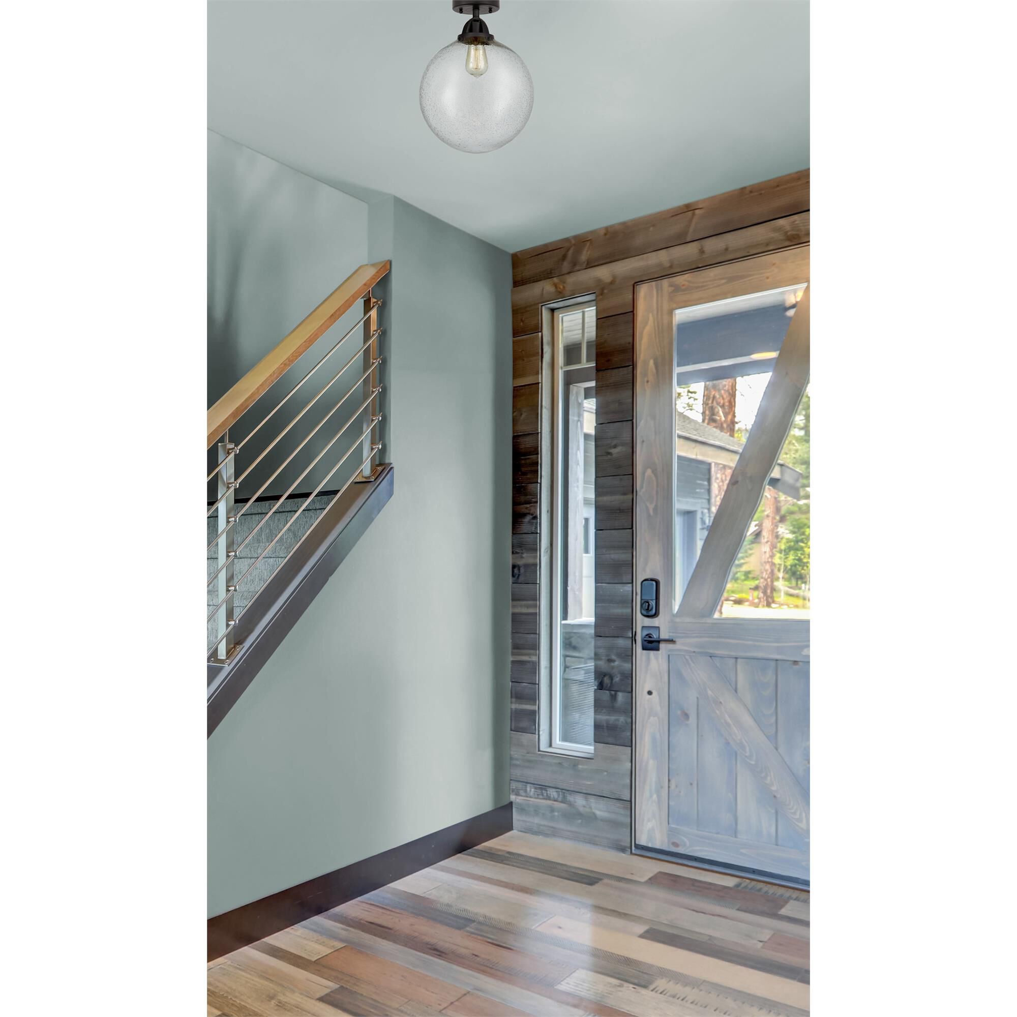 Shown in Matte Black finish and Seedy Globe glass and No Shade shade