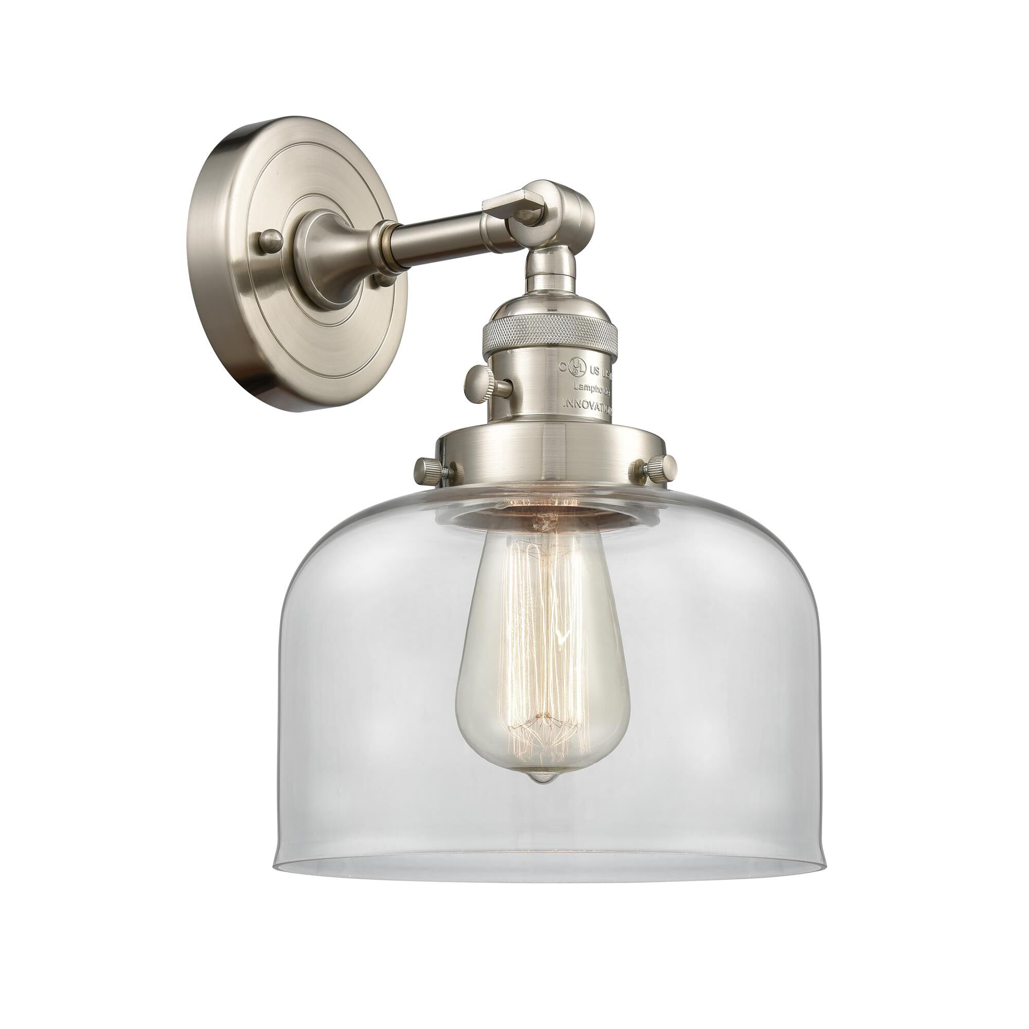 Shown in Brushed Satin Nickel finish and Clear glass and Switch on Socket accent