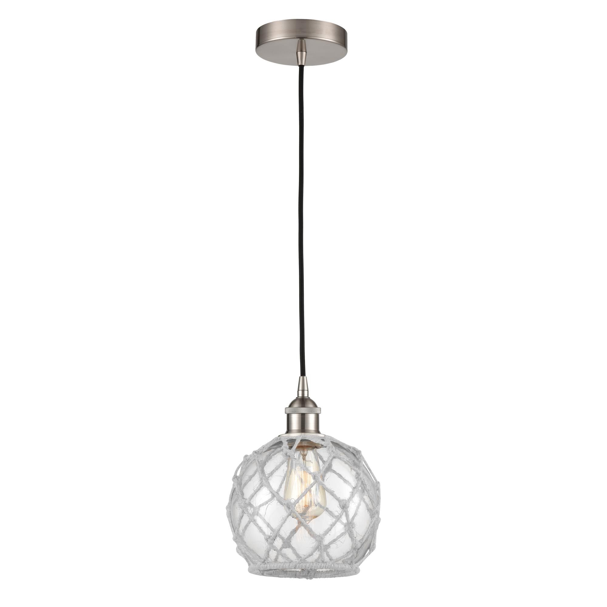 Shown in Brushed Satin Nickel finish and Clear Farmhouse With White Rope glass