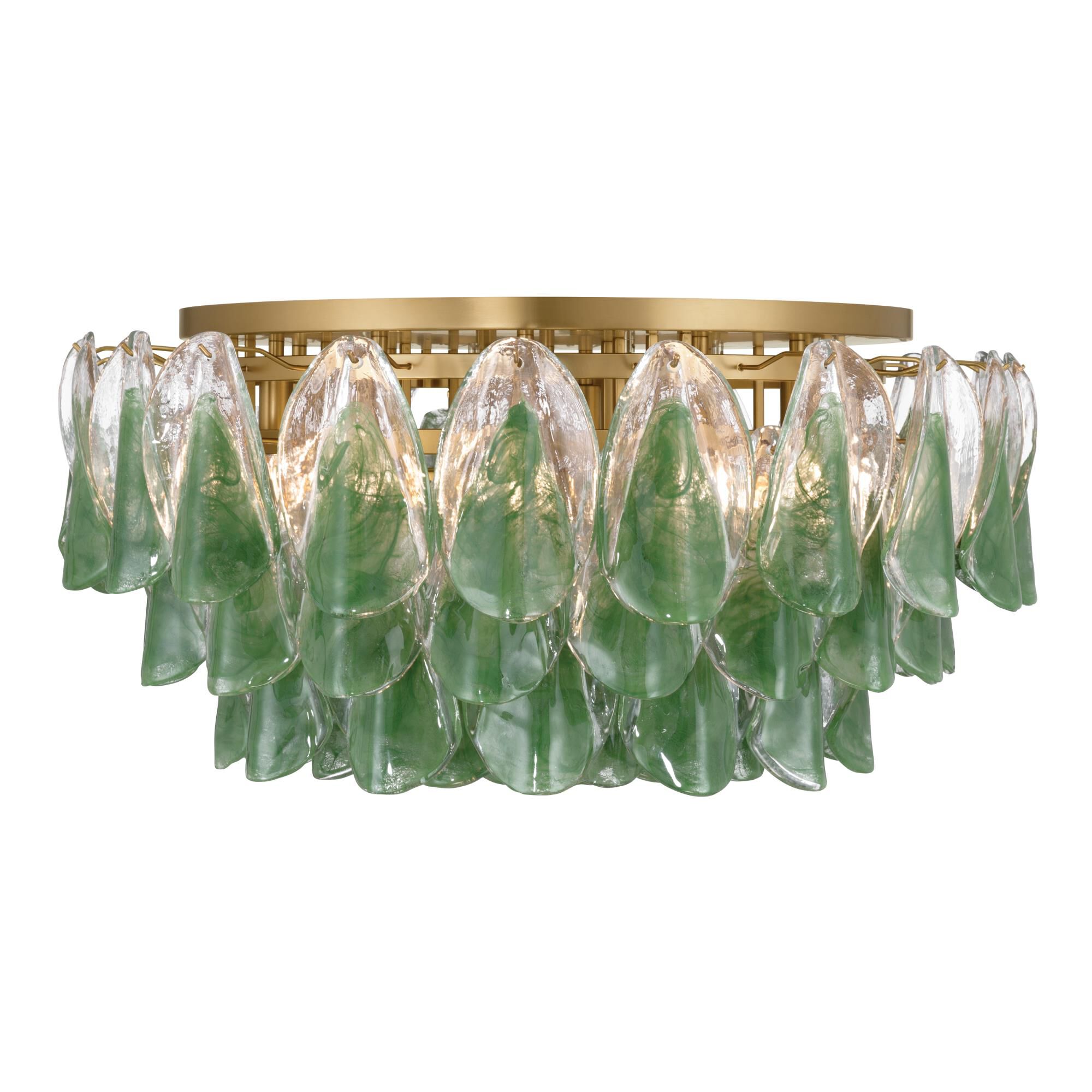 Shown in Legacy Brass finish and Green and Clear Hand-Formed glass