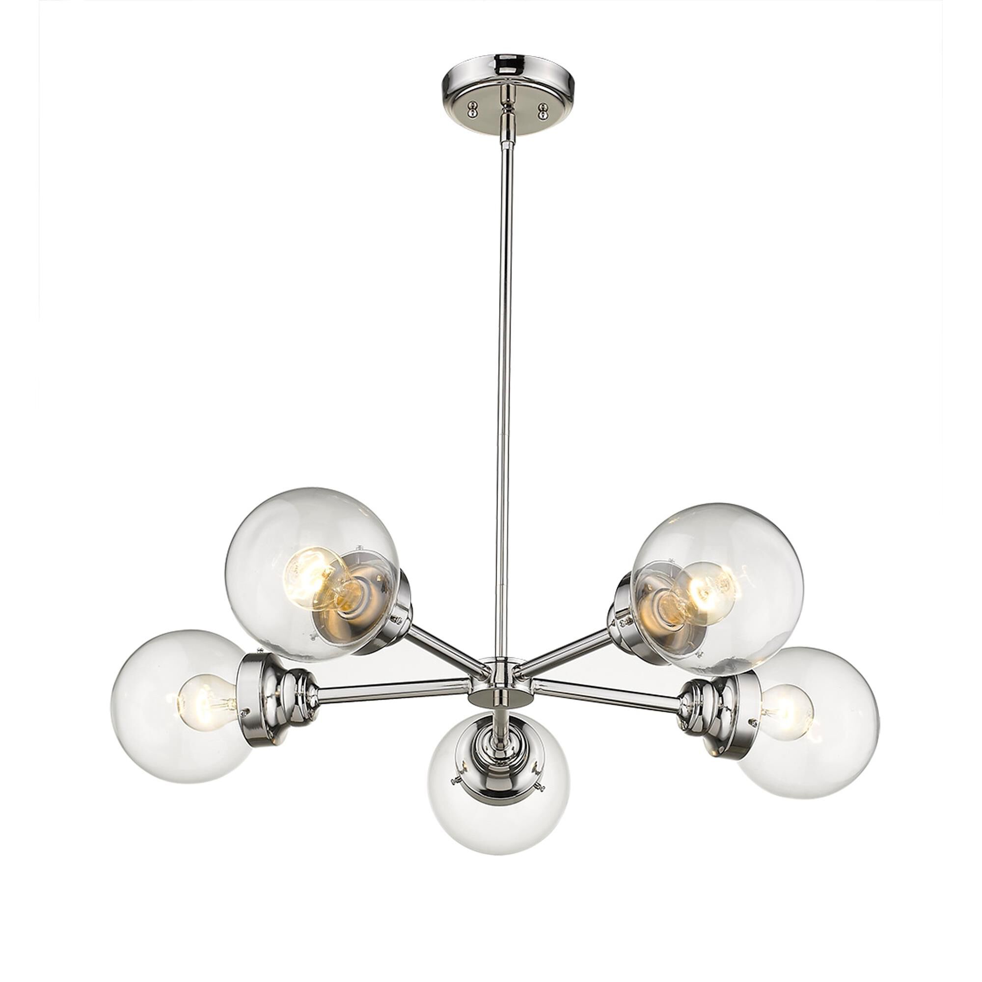 Shown in Polished Nickel finish and Clear glass and Clear, Glass Globes shade