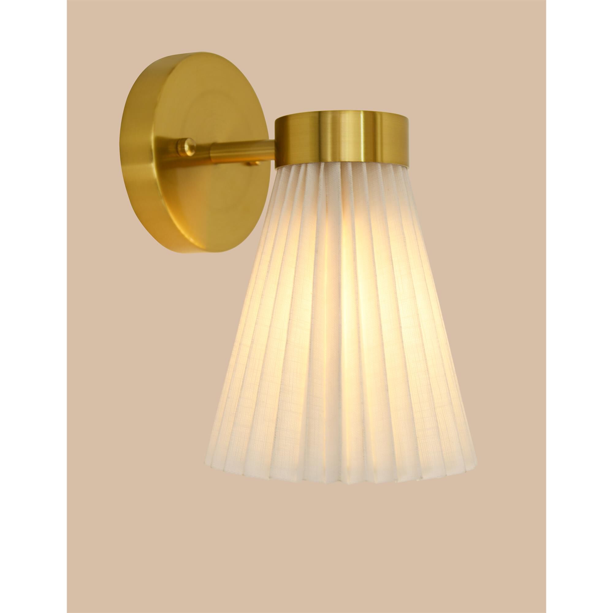 Shown in Brass and White finish and White Linen shade