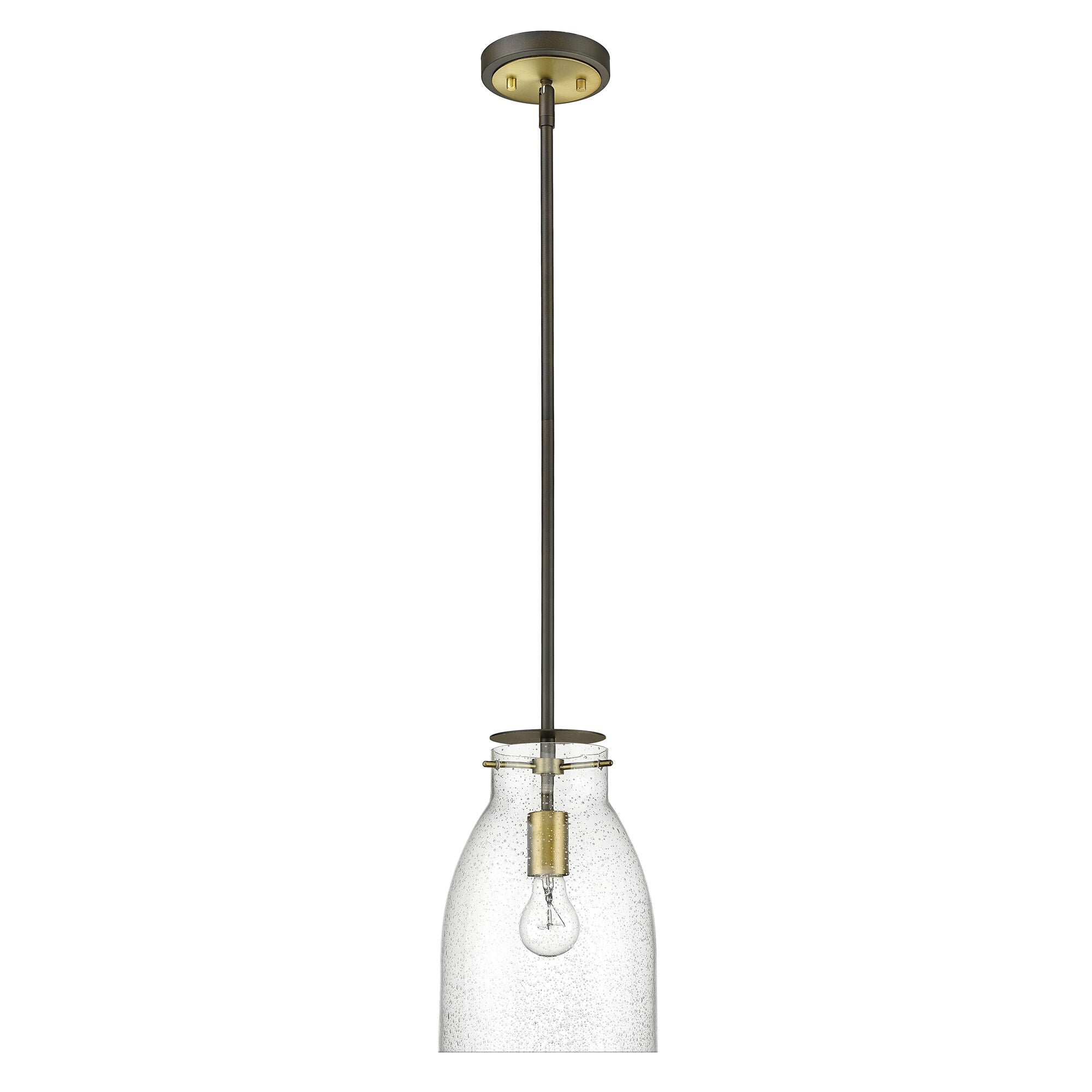 Shown in Oil Rubbed Bronze And Antique Brass finish and Clear Seedy Glass shade