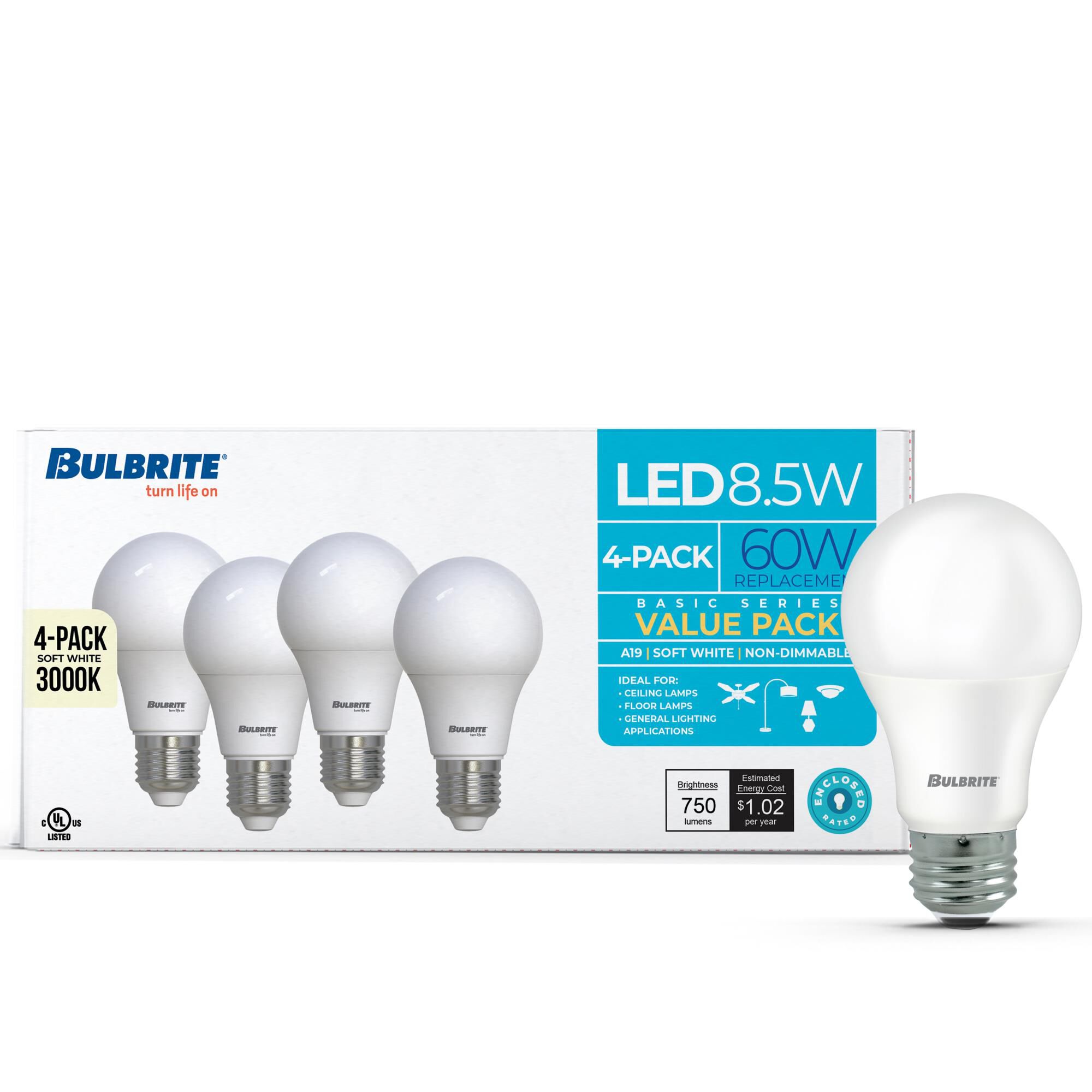 Frost A19 Base E26 3000K LED Light Bulb Pack of 4,