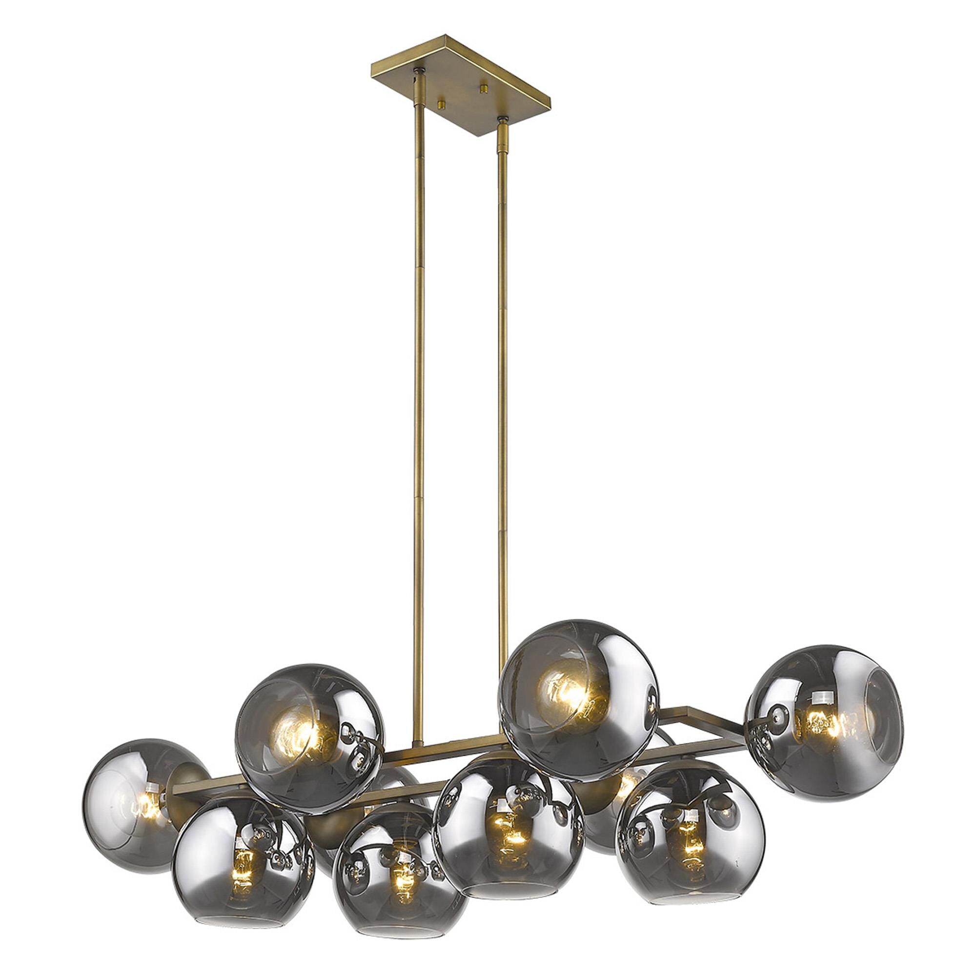 Shown in Aged Brass finish and Smoke glass and Smoke Glass Globes shade