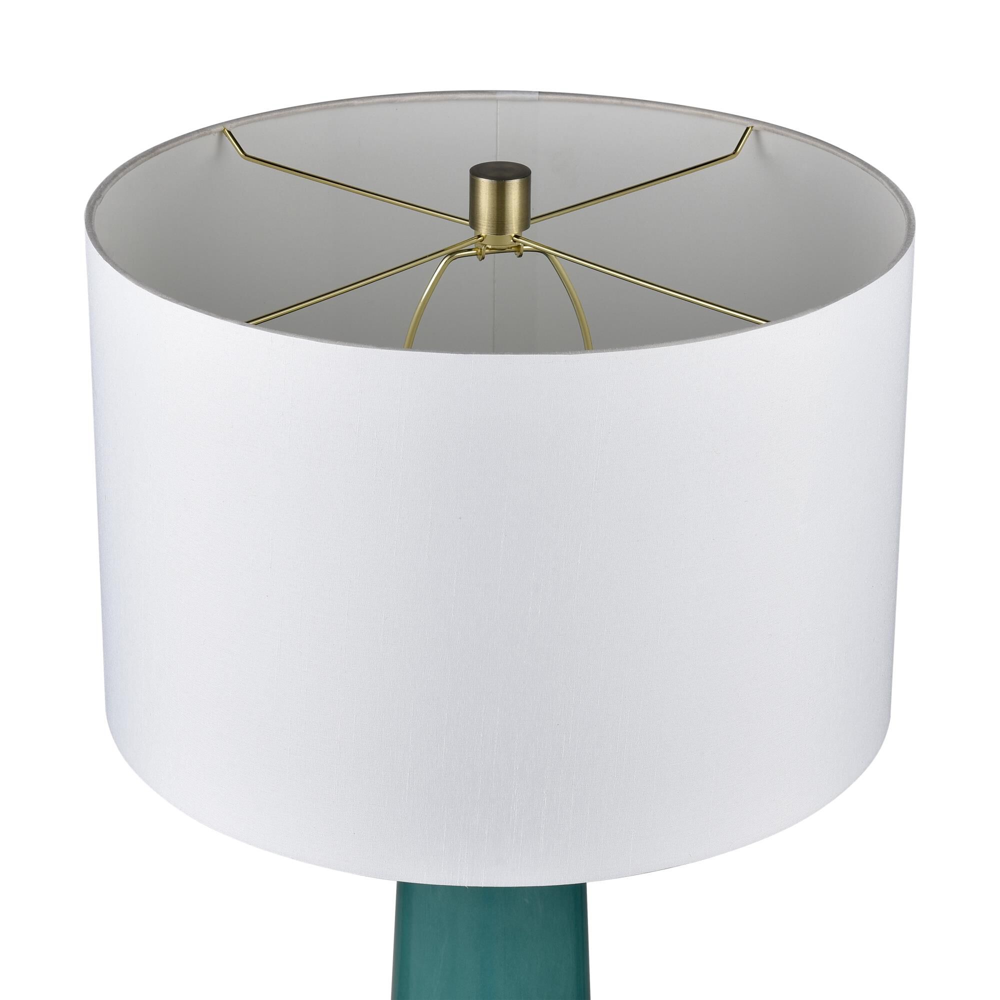 Shown in Green finish and White Faux Silk Drum Fabric Hardback shade