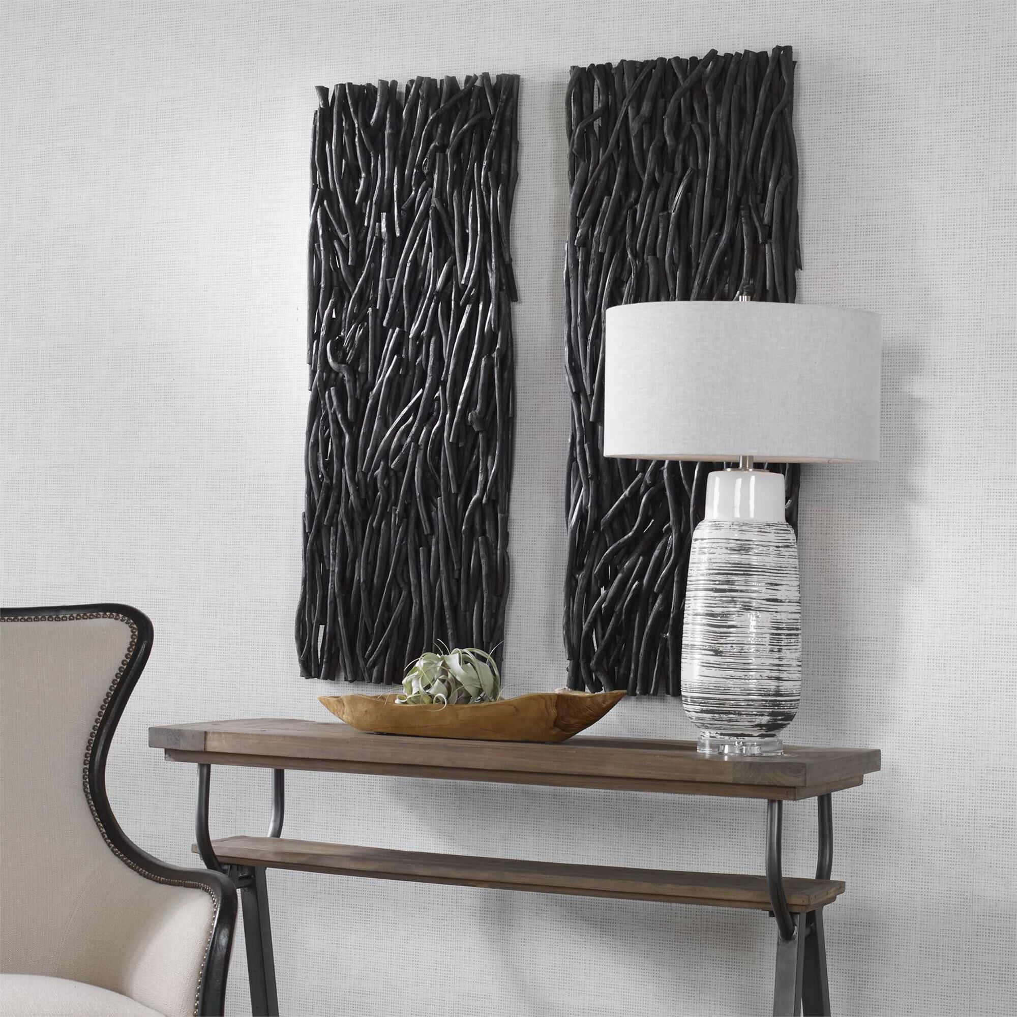 Shown in This Oversized Wood Wall Panel Is Artfully Created From Teak Branches In A Contemporary Black Finish finish