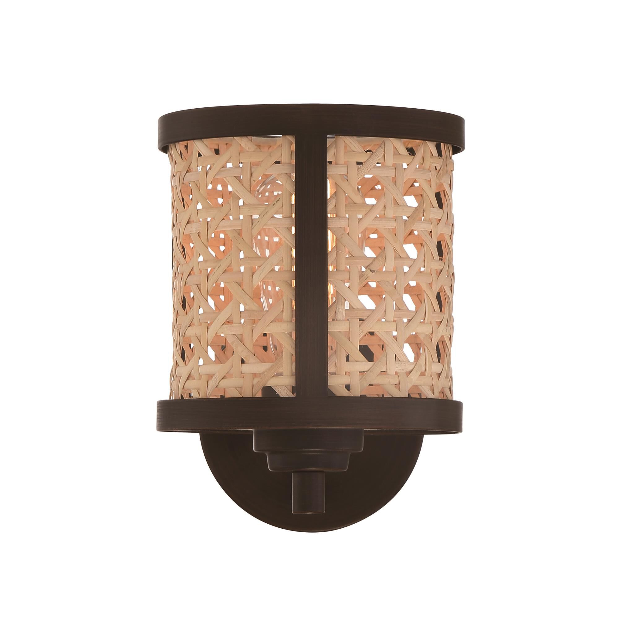Shown in Aged Bronze Brushed finish and Natural glass and Rattan shade