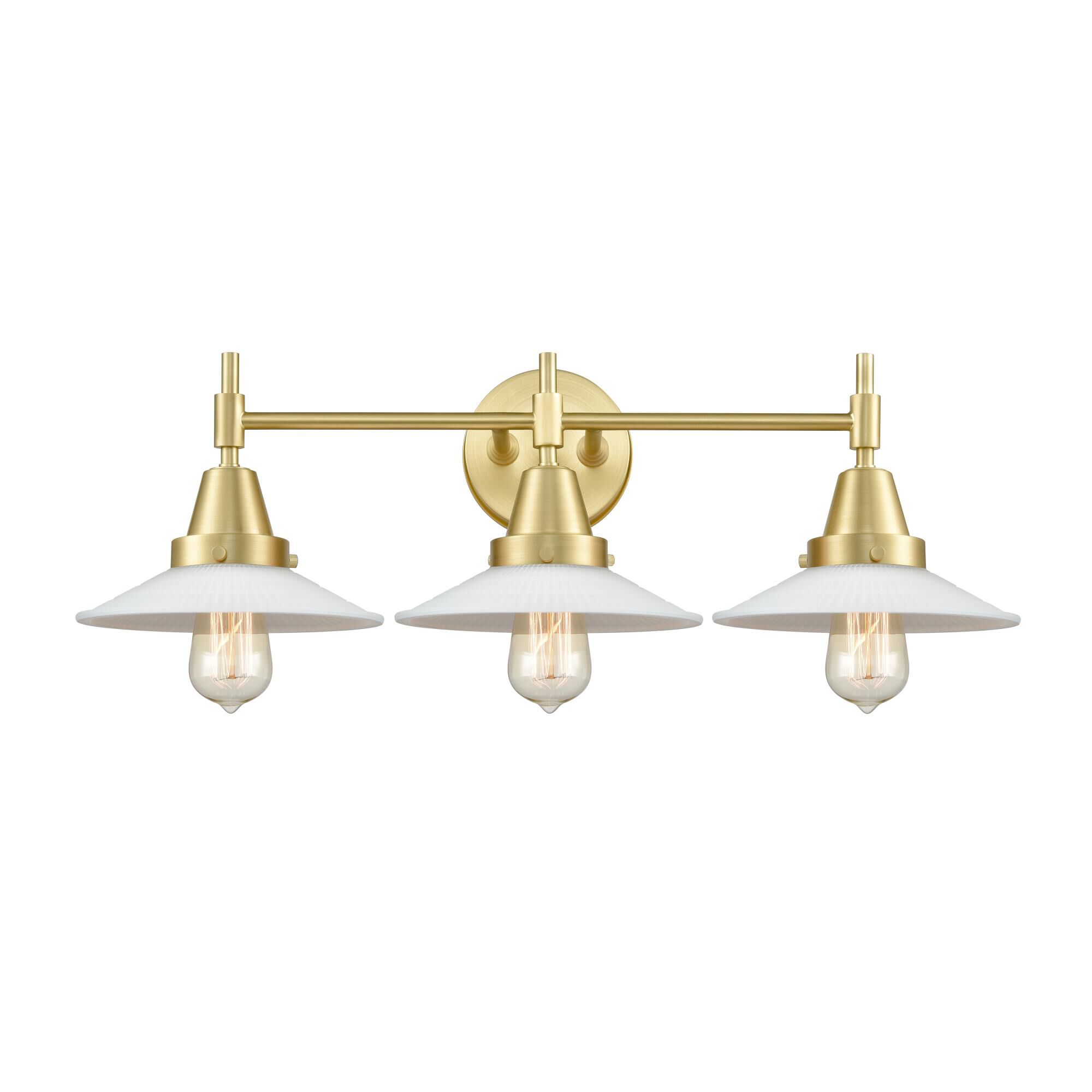 Shown in Satin Brass finish and Matte White Cased Large Cone glass
