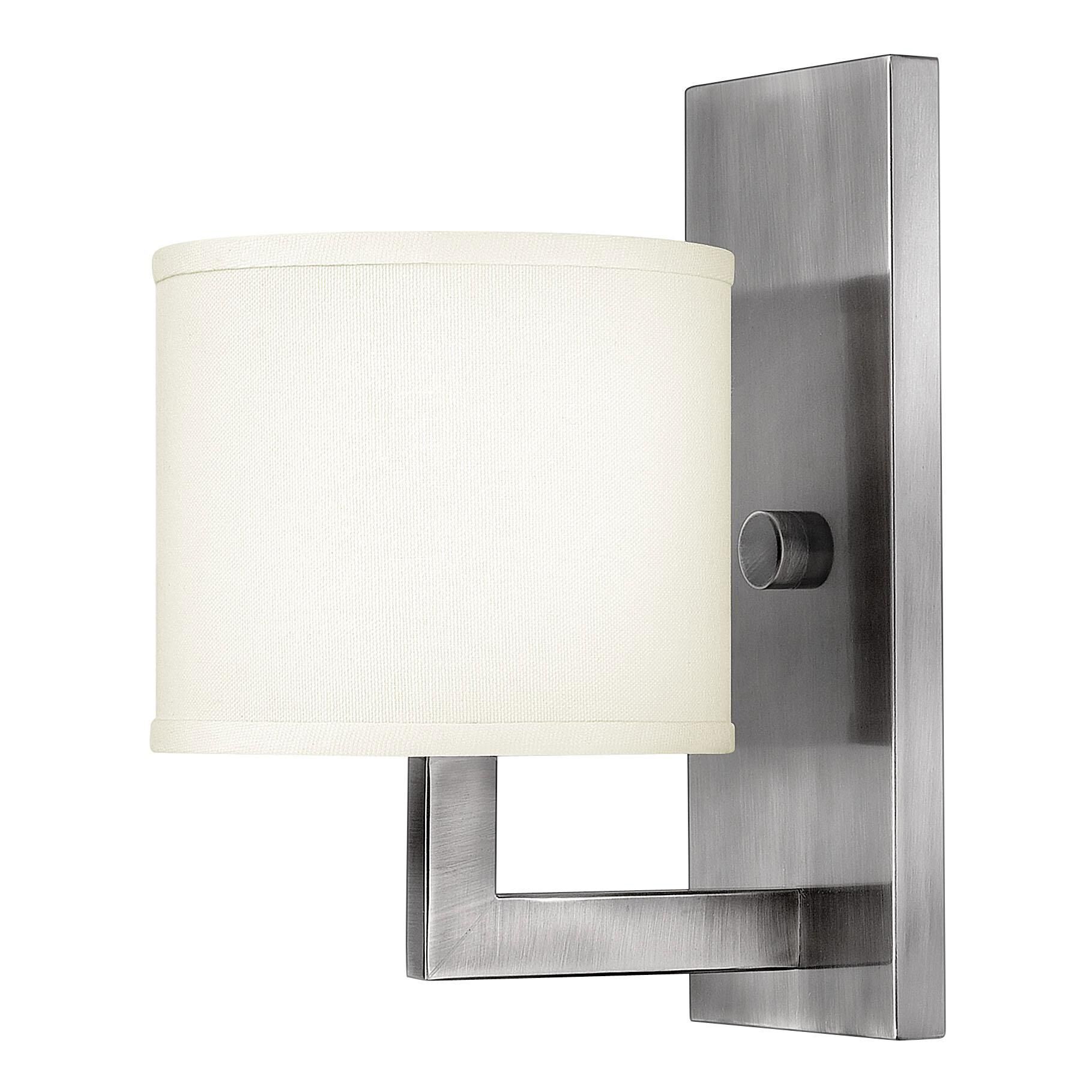 Shown in Antique Nickel finish and Off-White Linen Hardback shade