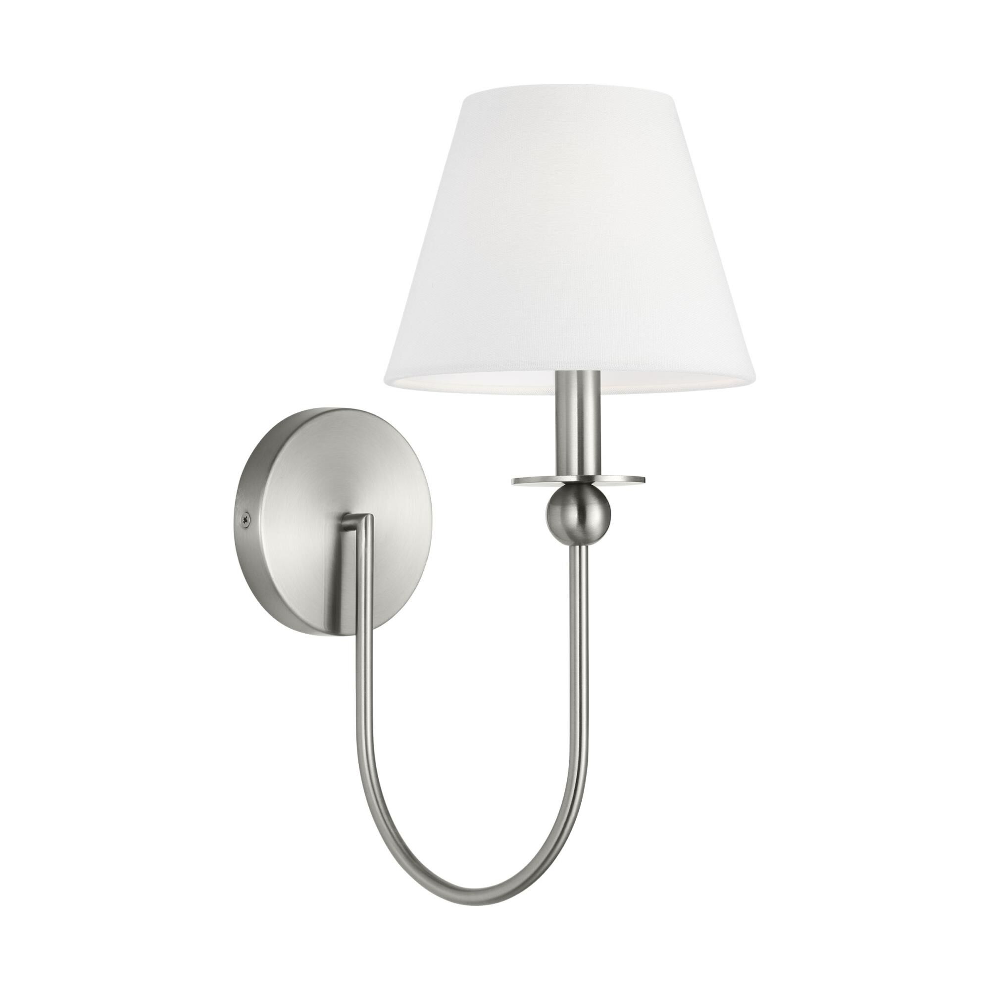 Shown in Brushed Nickel finish and White Linen shade