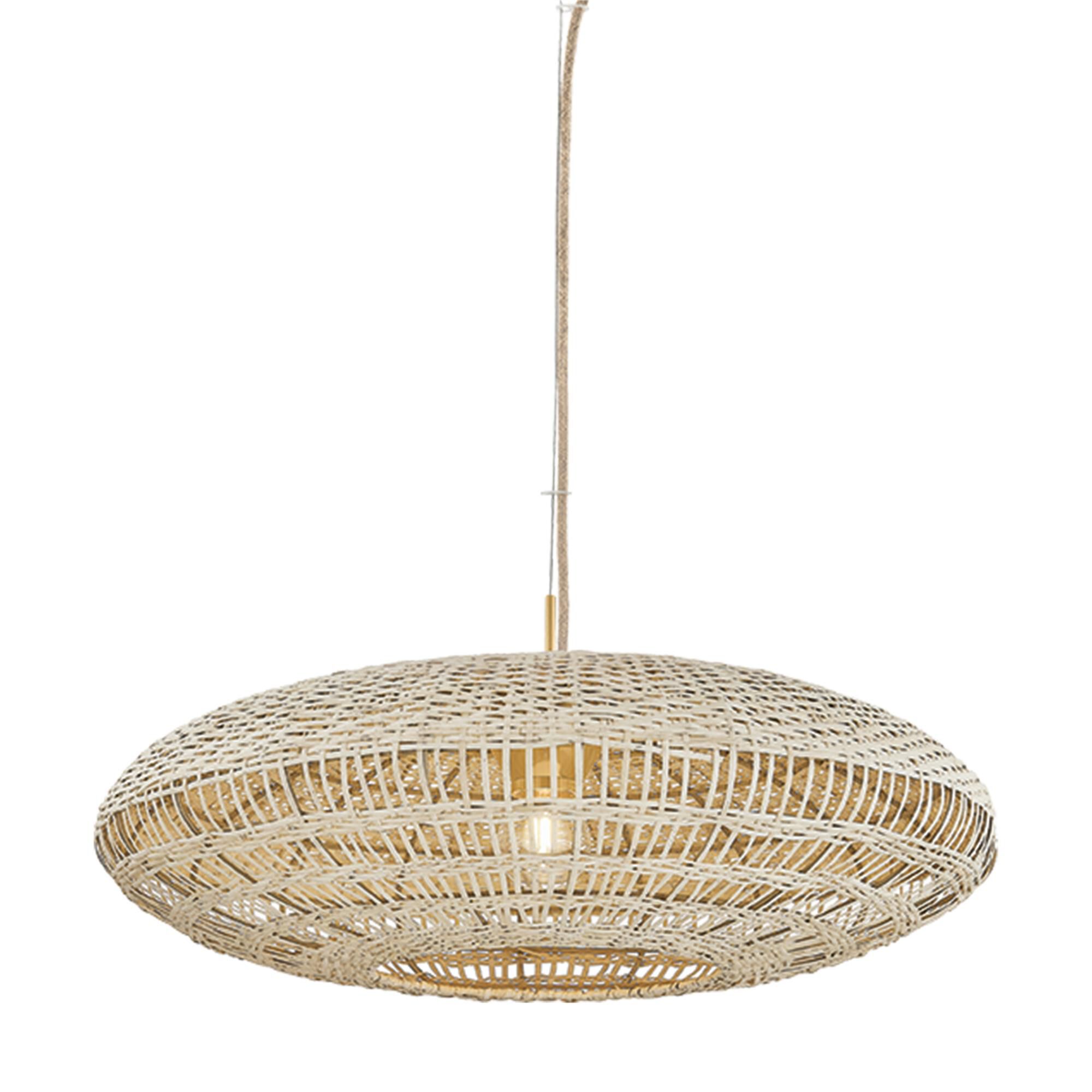 Shown in Aged Brass finish and Vintage Natural Wicker Natural Woven shade