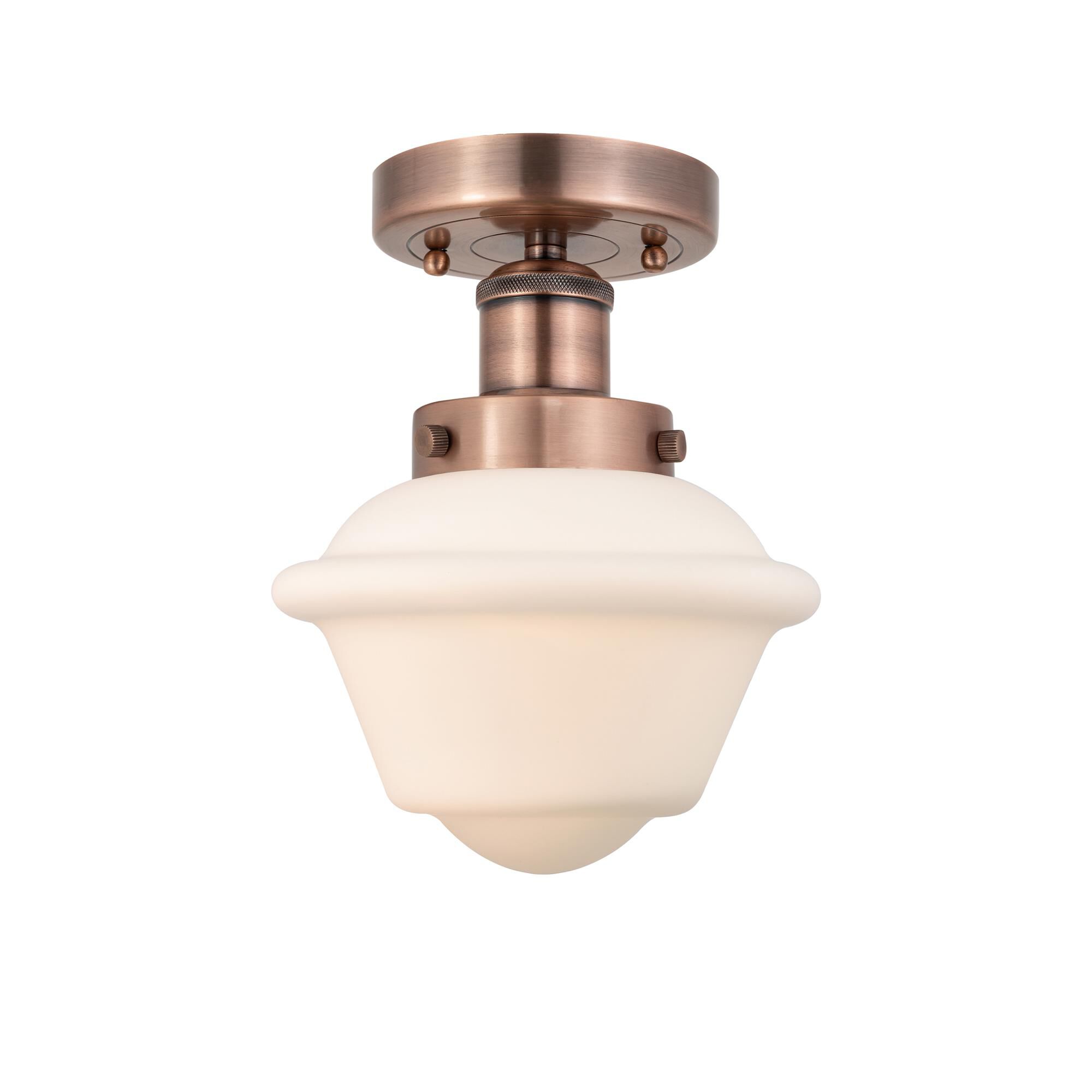 Shown in Antique Copper finish and Matte White glass