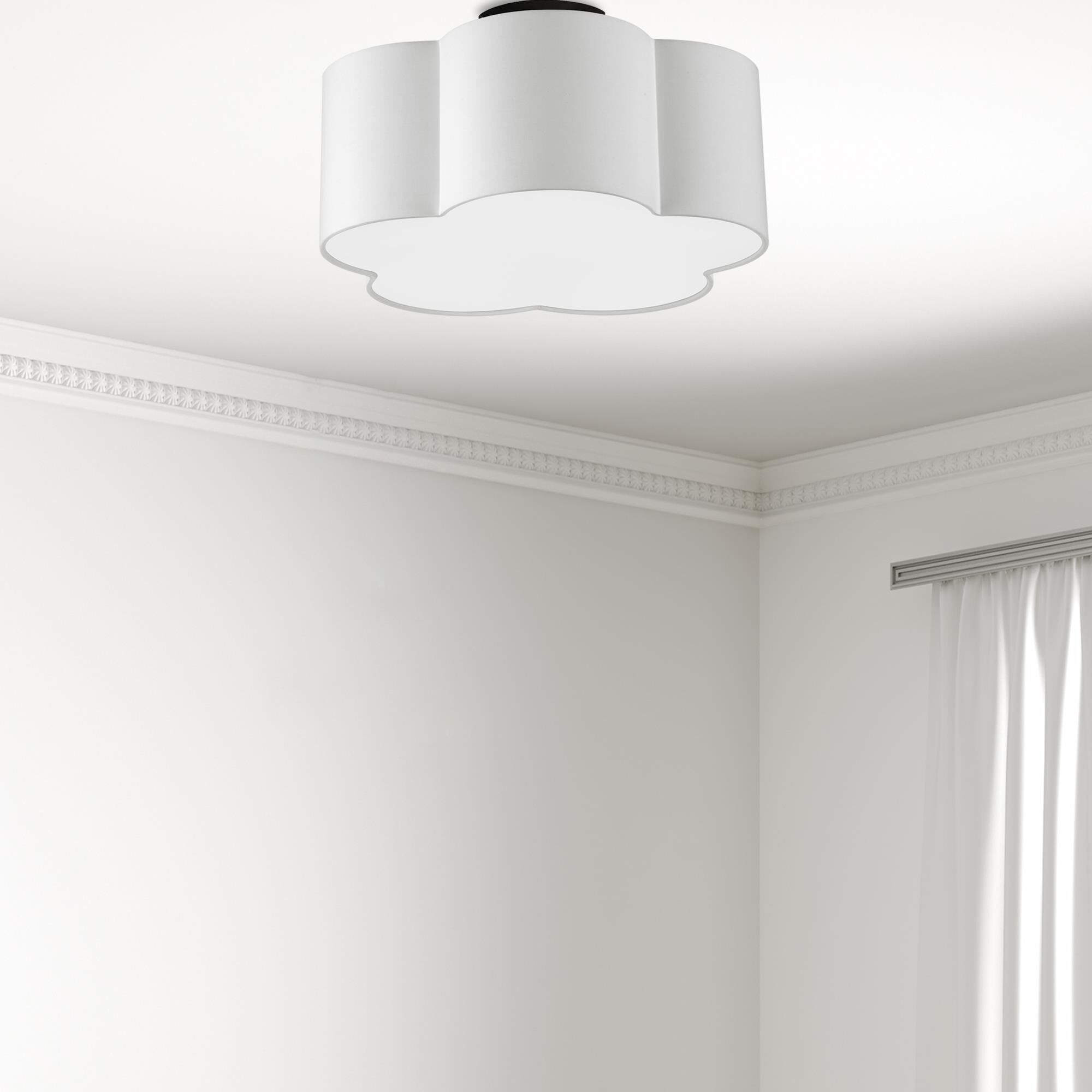 Shown in White and Black finish and White Fabric Scallop shade