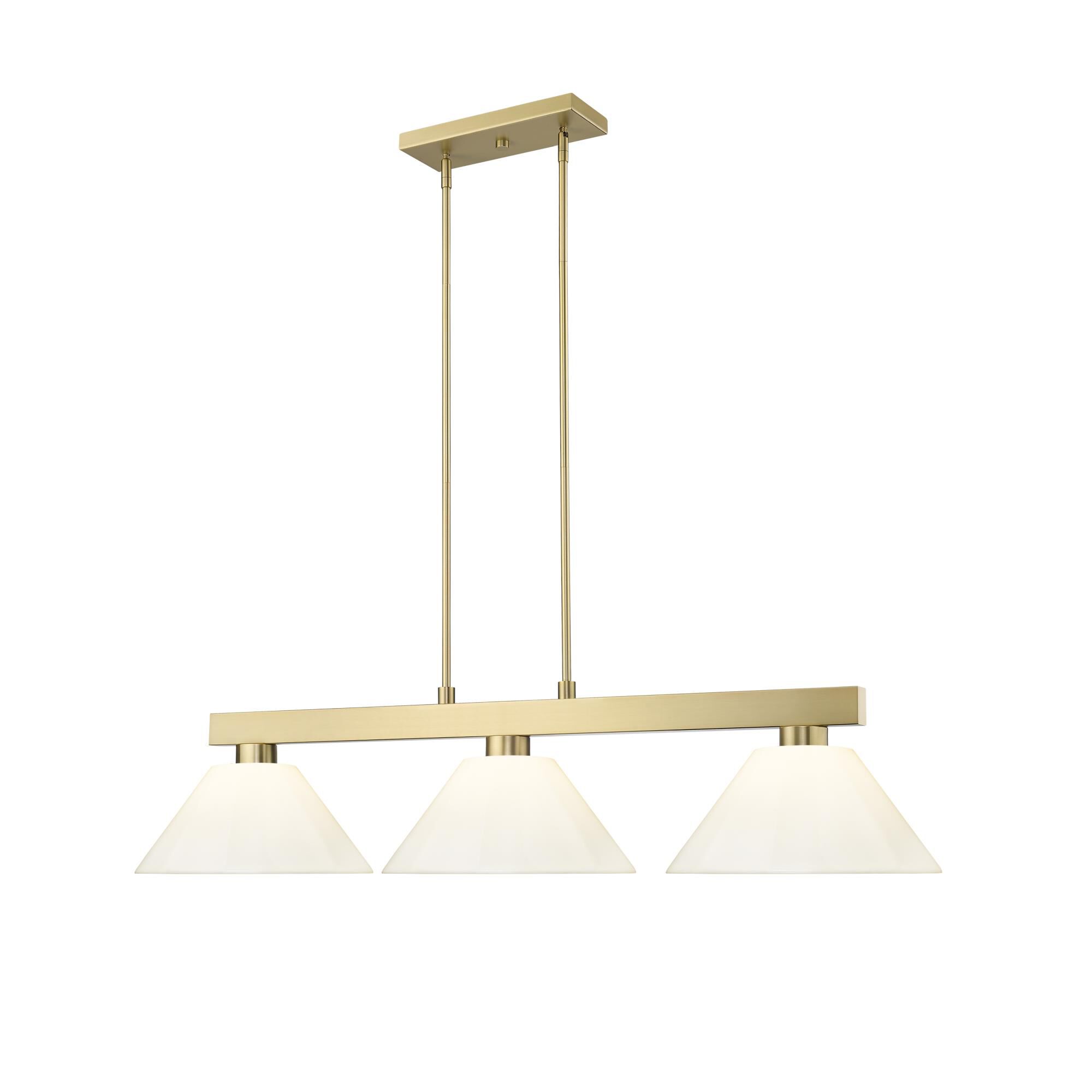 Shown in Modern Gold finish and White glass and White shade
