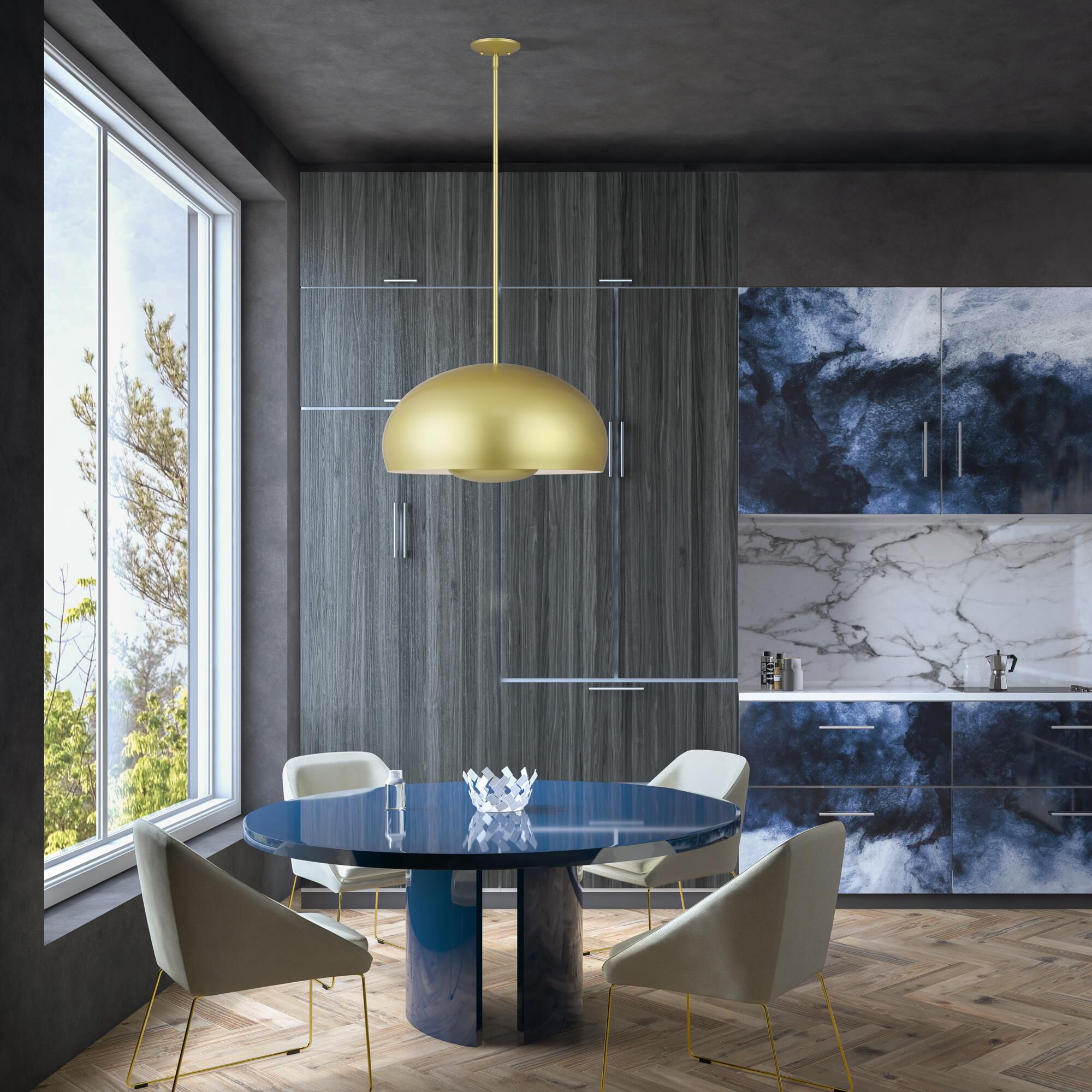 Shown in Soft Gold finish and Soft Gold Steel with Shiny White Inside shade