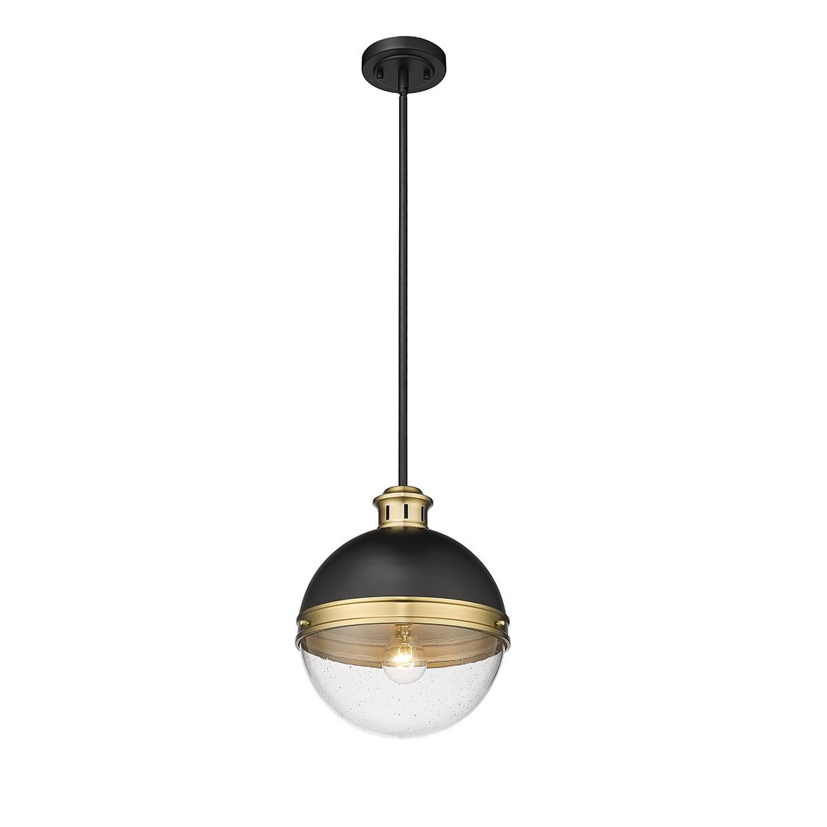 Shown in Matte Black and Aged Brass finish and Clear Seedy glass