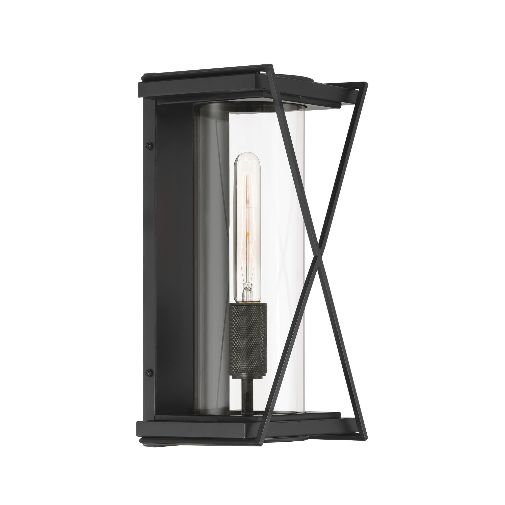 Shown in Dark Matte Black finish and Clear glass and Glass shade