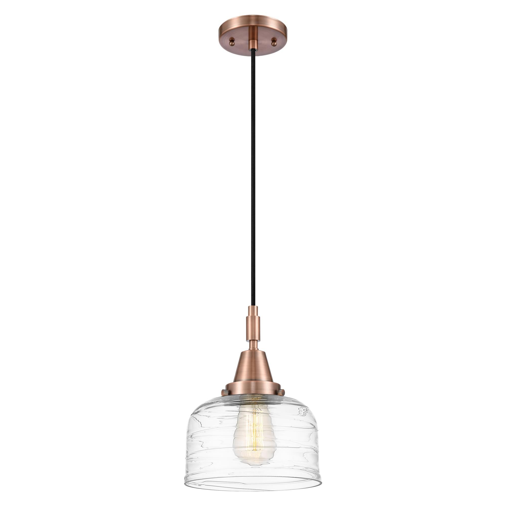 Shown in Antique Copper finish and Clear Deco Swirl glass