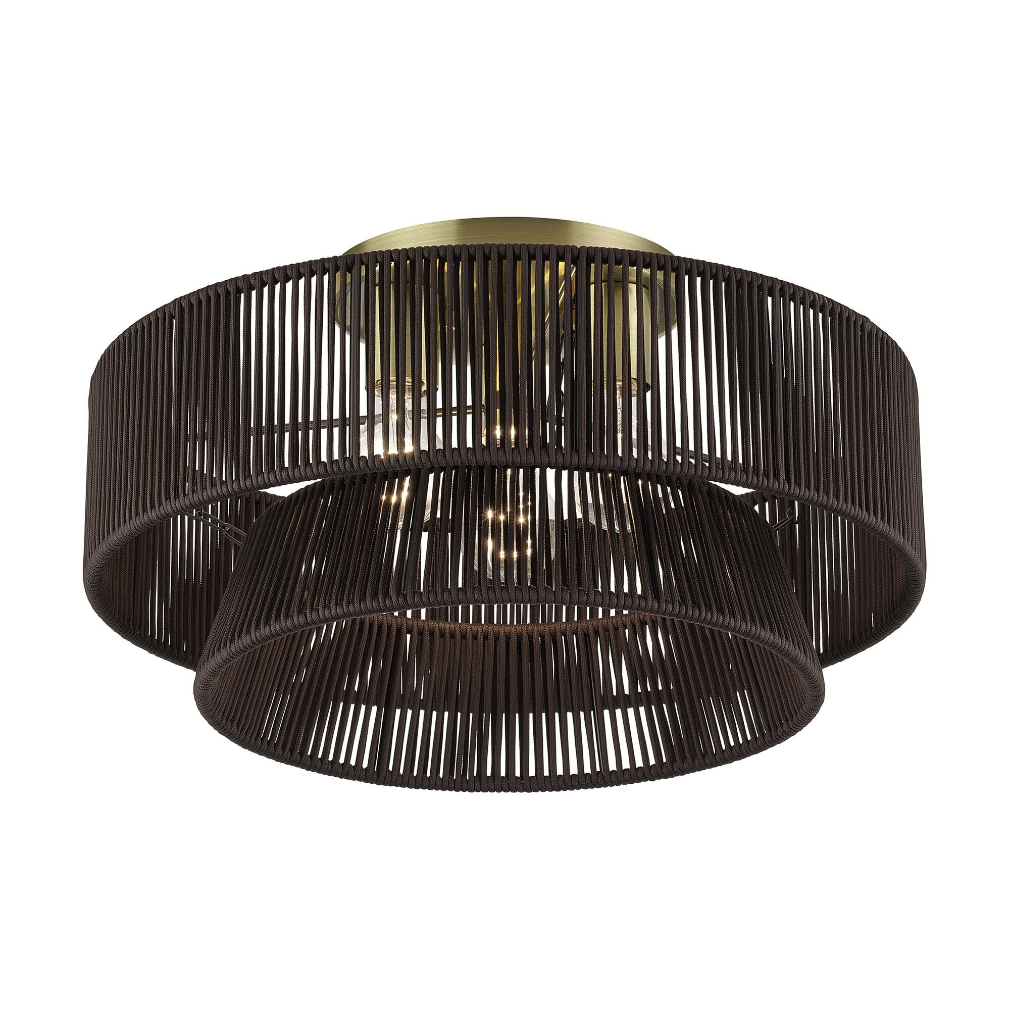 Shown in Antique Brass finish and Hand-Woven Dark Chocolate Color Polyester Rope shade