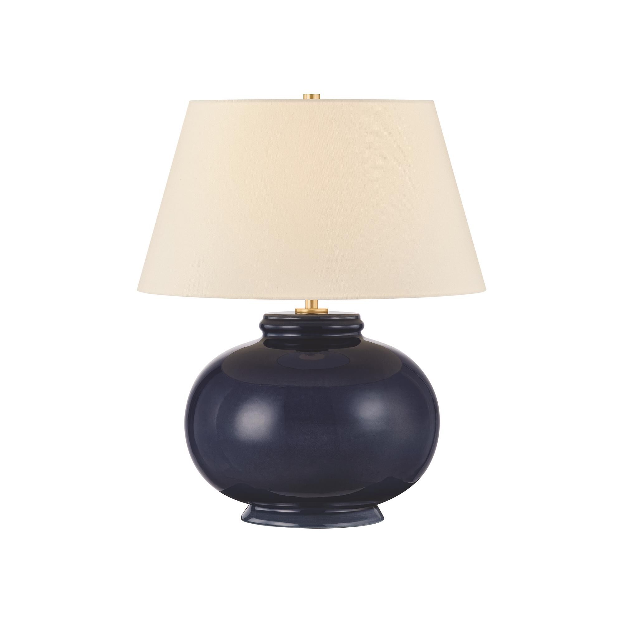 Shown in Aged Brass and Ceramic Parrish Blue finish and Off White Linen shade