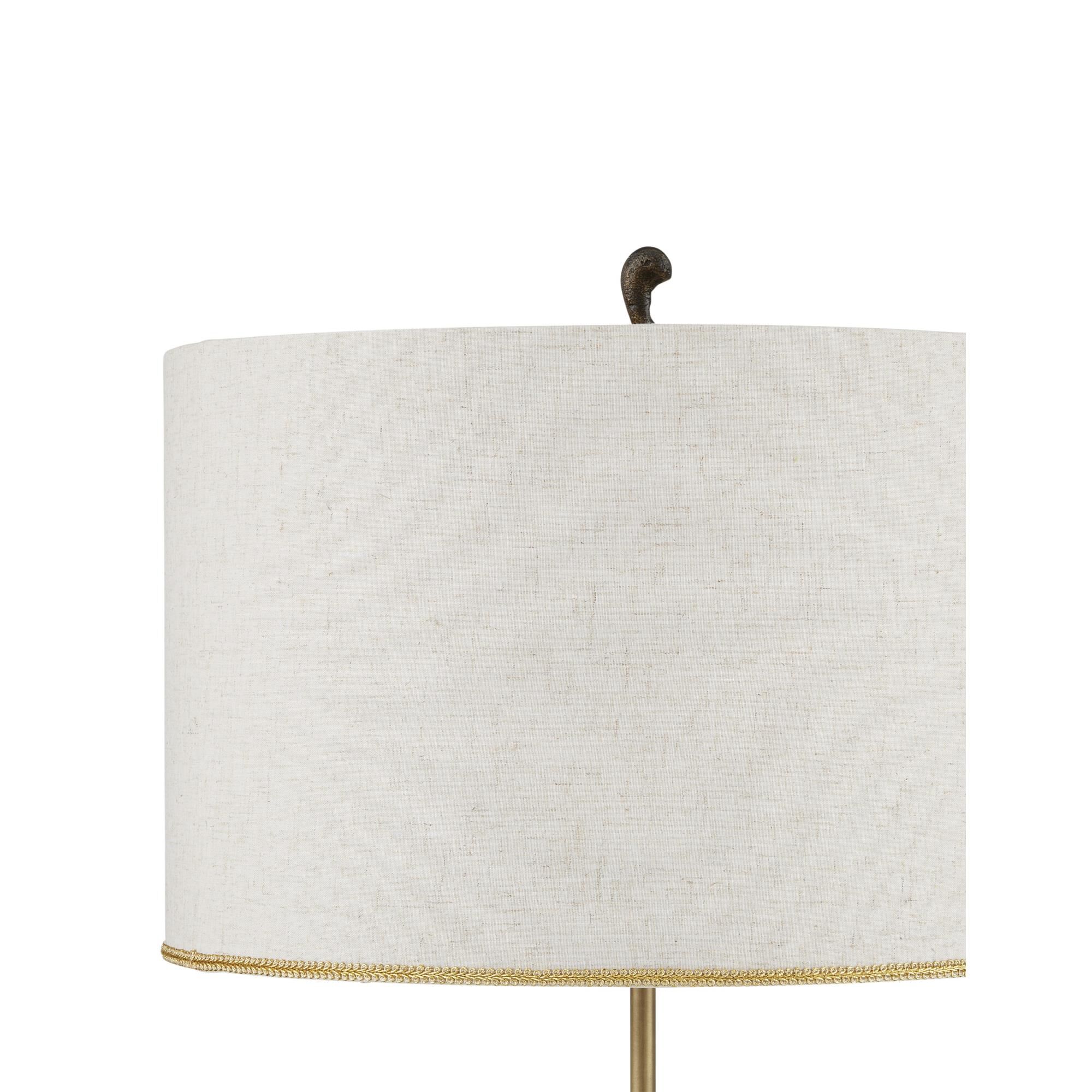 Shown in Antique Brass/Black finish and Natural Linen With Gold Foil Lining shade