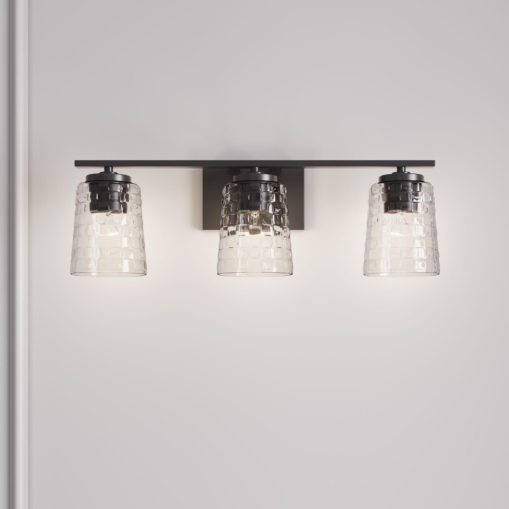 Shown in Matte Black finish and Clear Woven glass