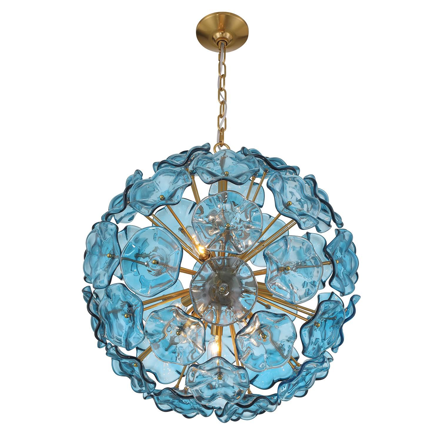 Shown in Aged Brass finish and Floral Petals Blue glass
