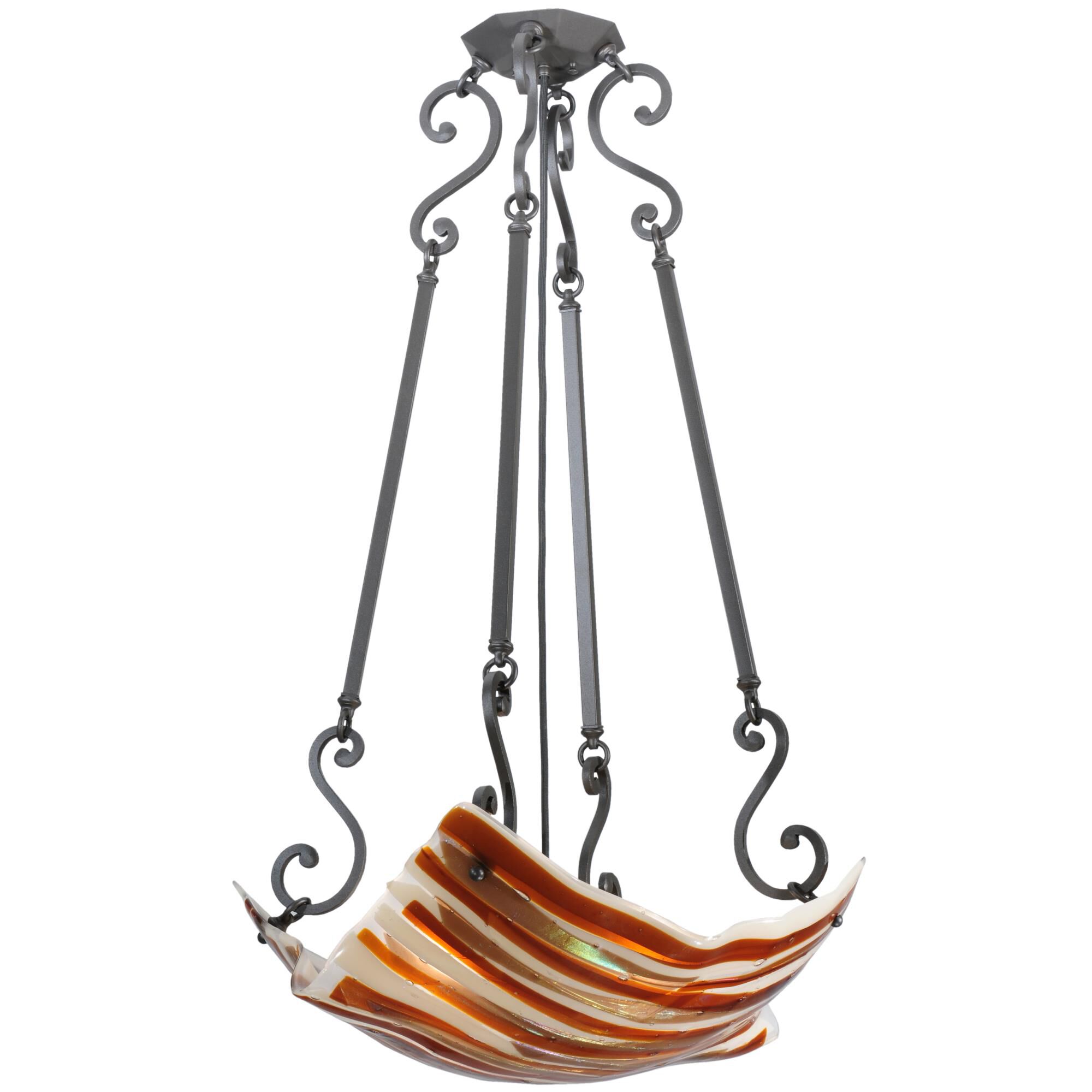 Shown in Wrought Iron finish and Amber-Beige-Smoke-Iridescent Clear glass