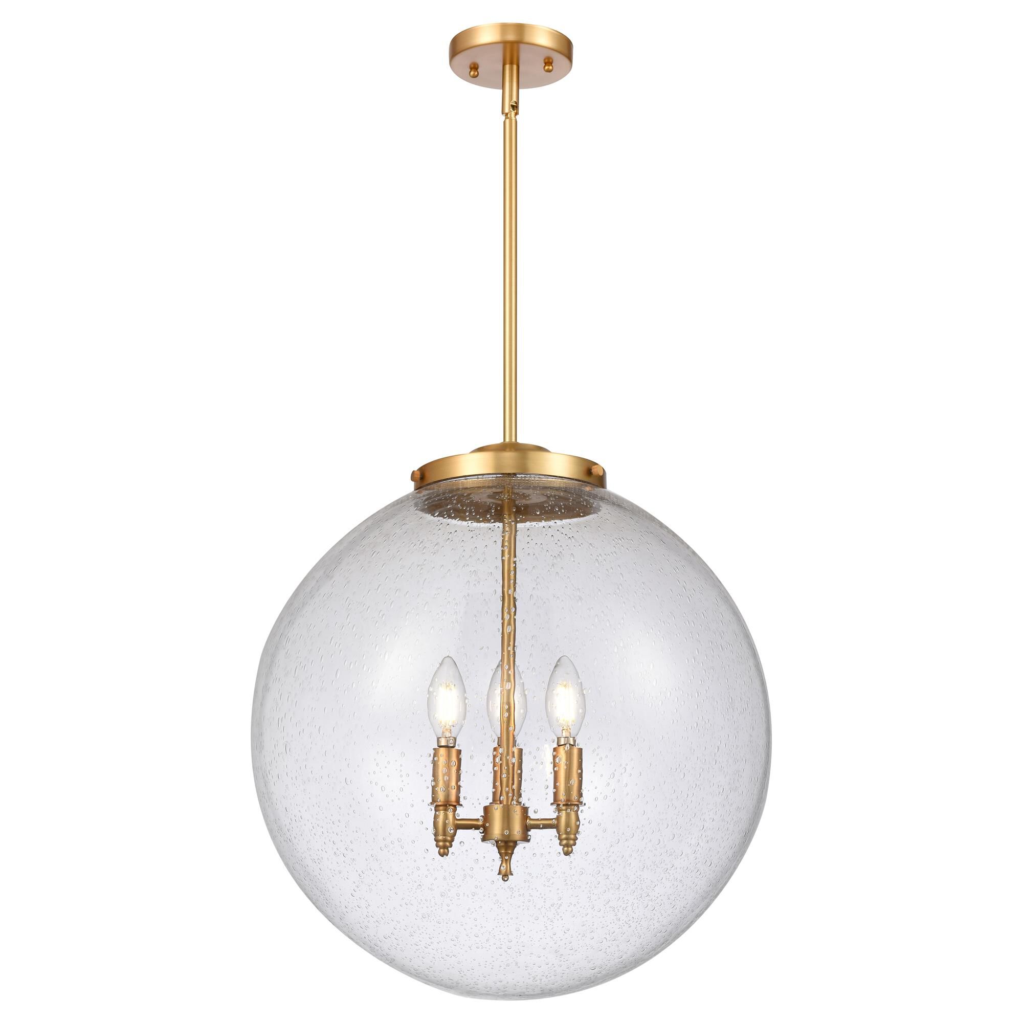 Shown in Satin Gold finish and Seedy Beacon glass