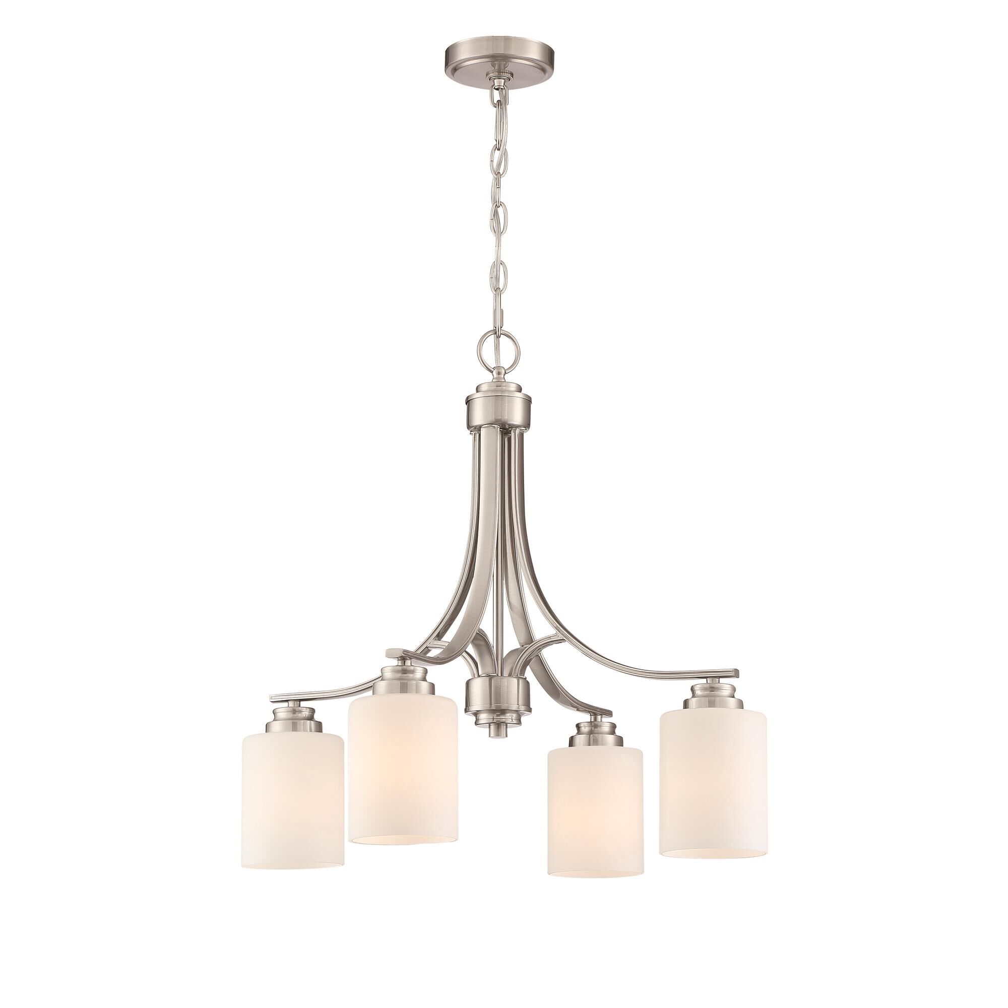 Shown in Brushed Polished Nickel finish and White Frosted glass and Glass shade