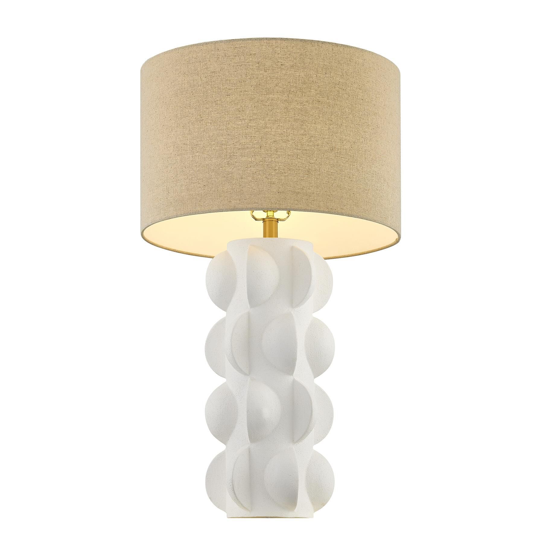 Shown in Warm Brass finish and Beige Fabric shade
