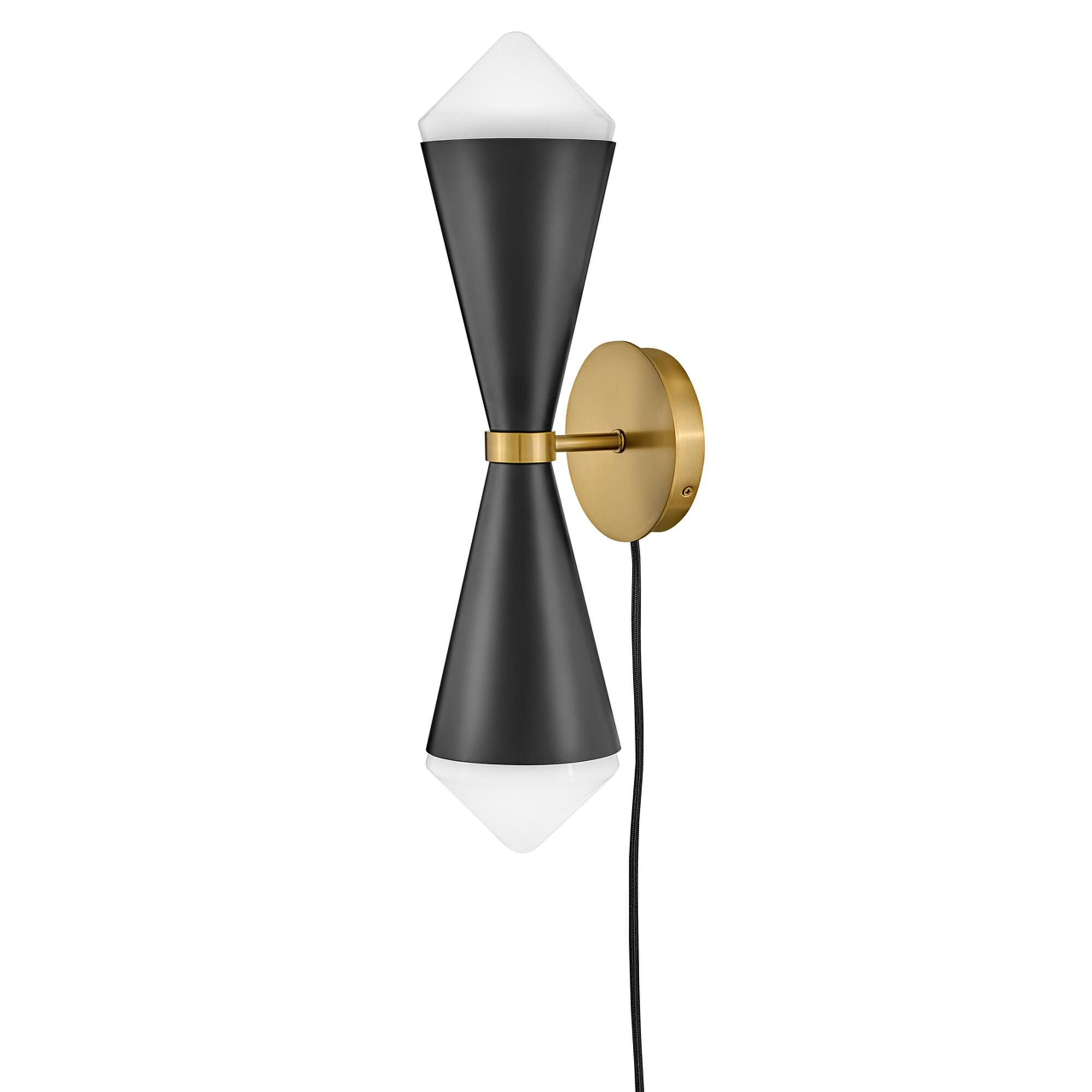 Shown in Black finish and Cased Opal White glass and Lacquered Brass accent