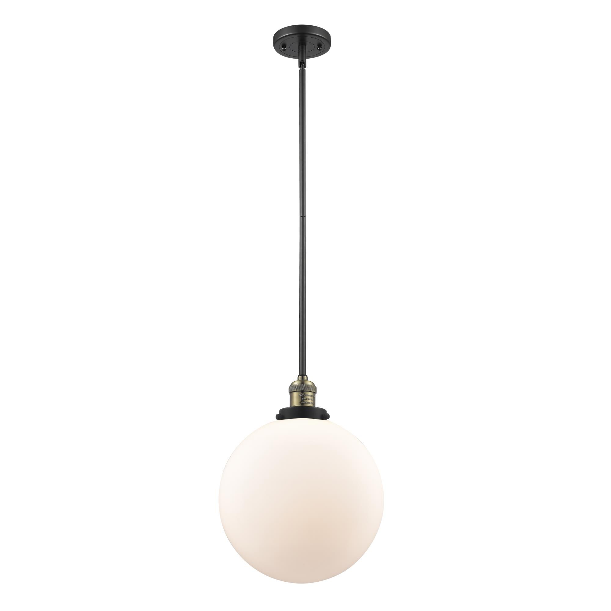 Shown in Black Antique Brass finish and Matte White Cased Beacon glass