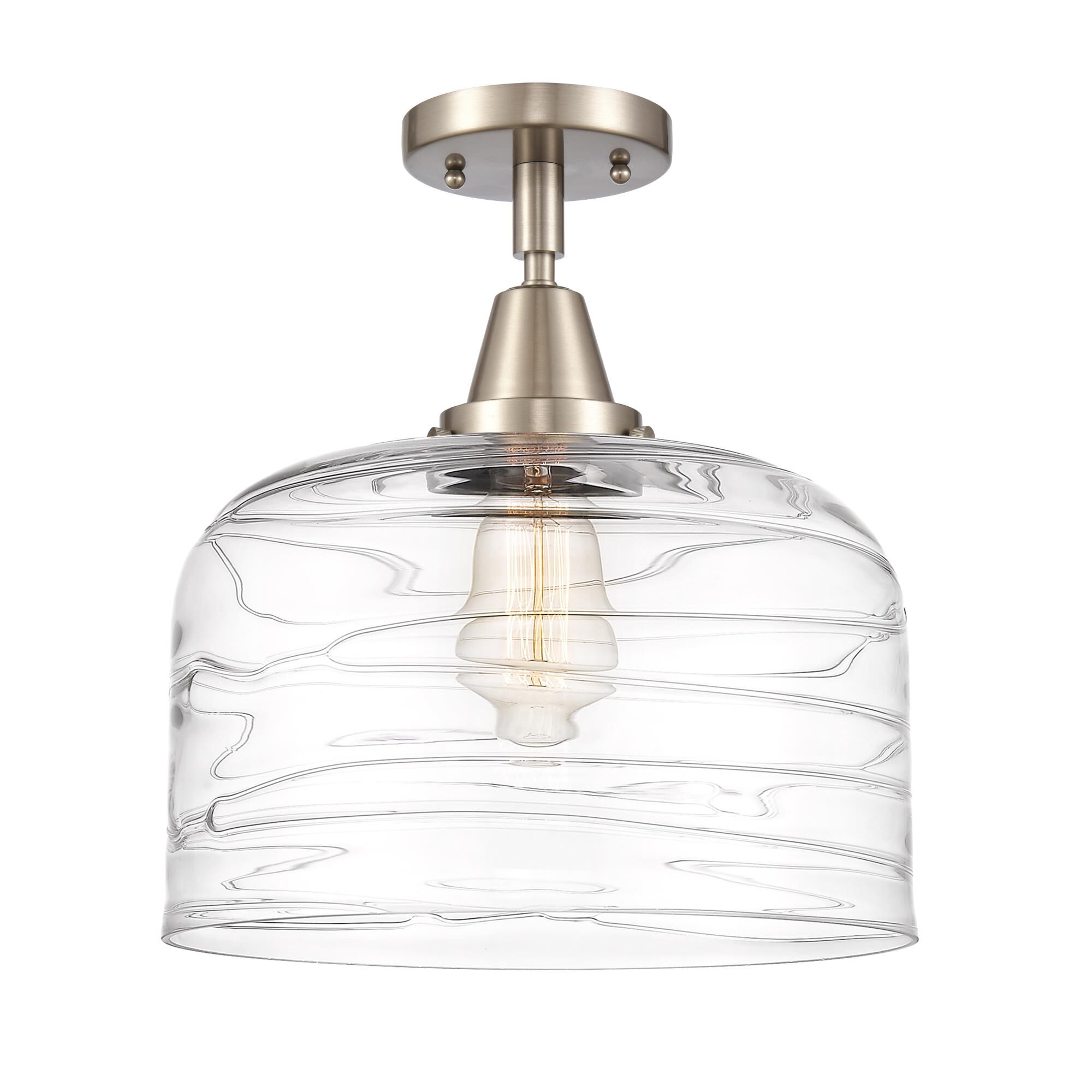 Shown in Brushed Satin Nickel finish and Clear Deco Swirl X-Large Bell glass