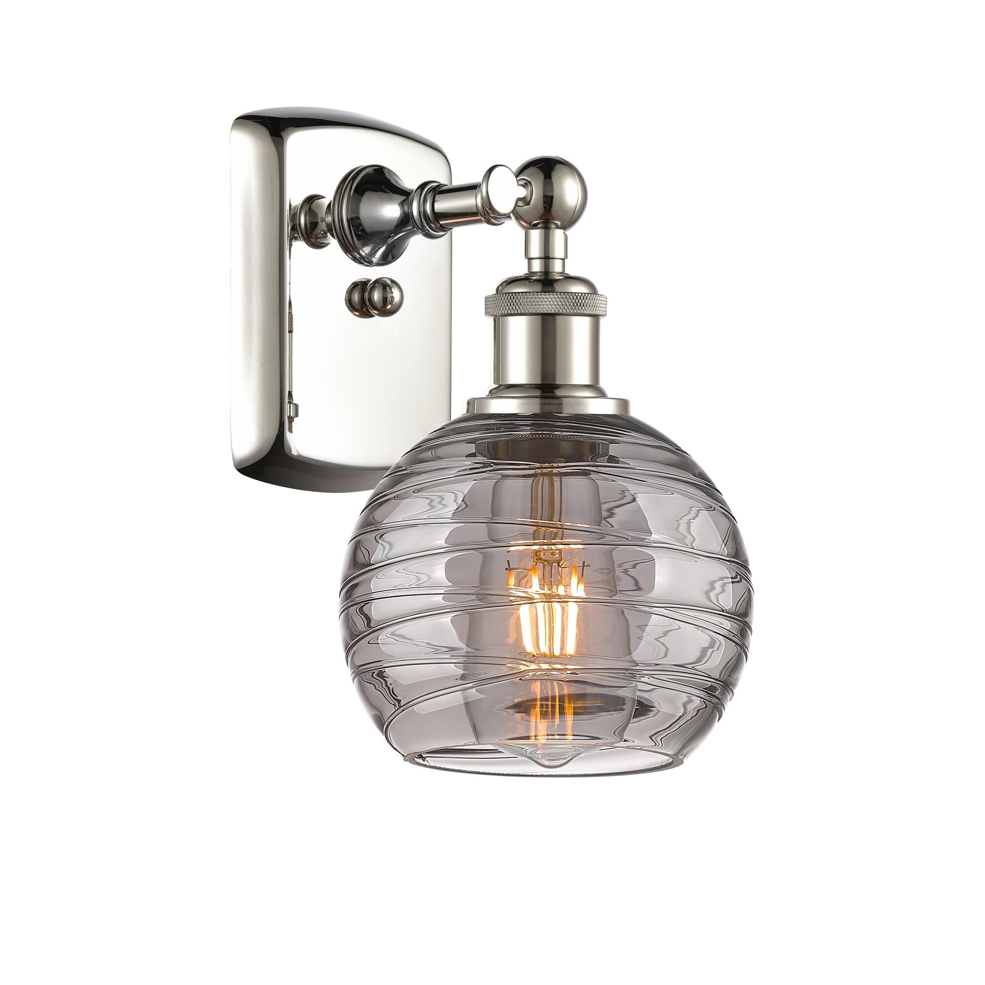 Shown in Polished Nickel finish and Light Smoke Deco Swirl glass