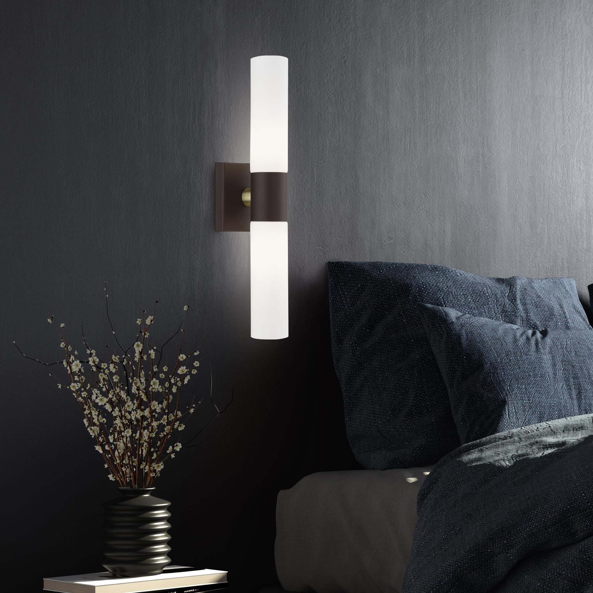 Shown in Bronze With Antique Brass Accent finish and Hand Blown Satin Opal White Twist Lock glass and Hand Blown Satin Opal White Twist Lock Glass shade