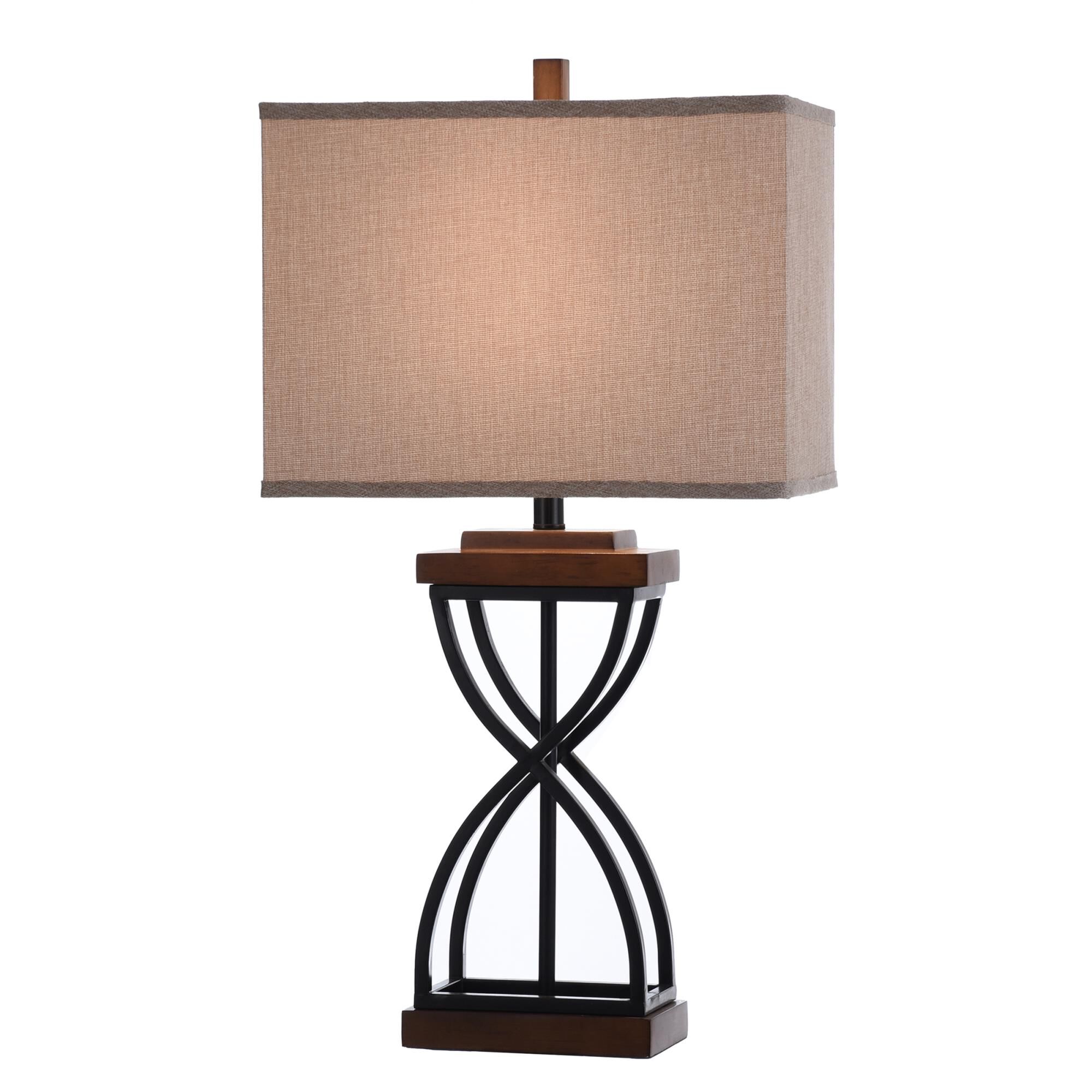 Shown in Black Wood finish and Beige Hardback Fabric shade