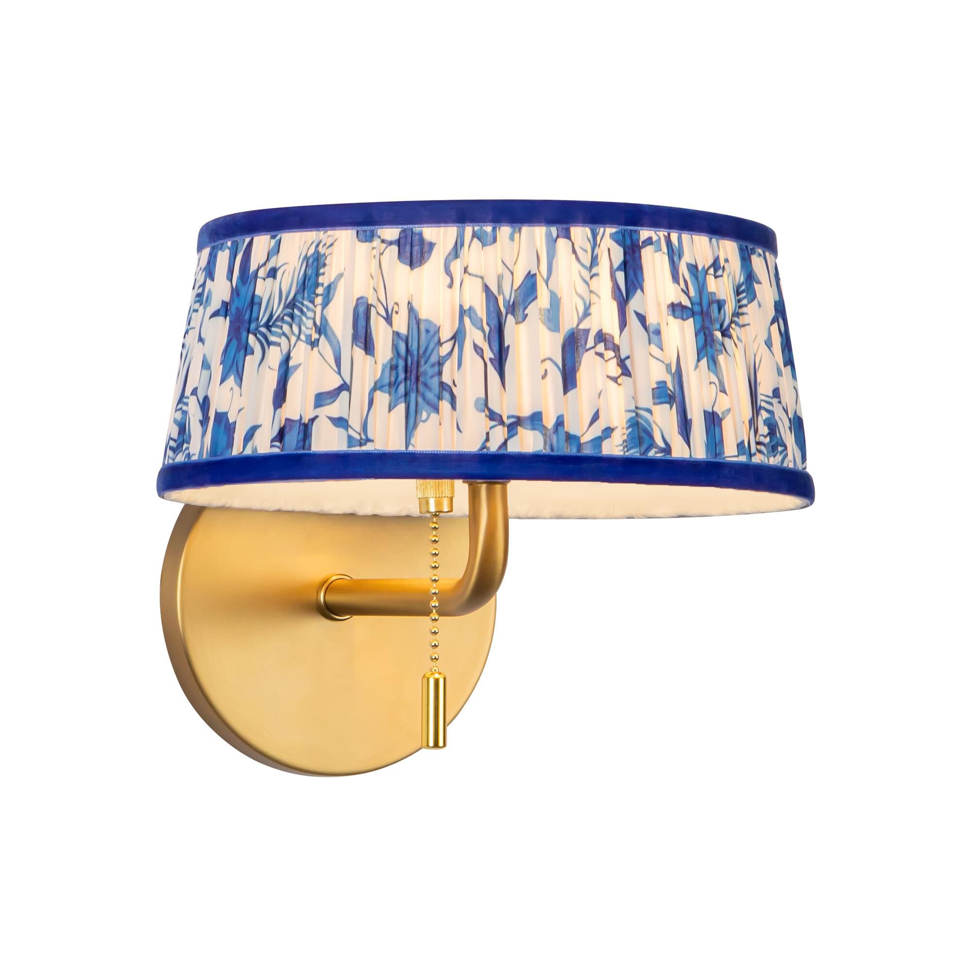 Shown in Brushed Gold finish and Blue Linen shade