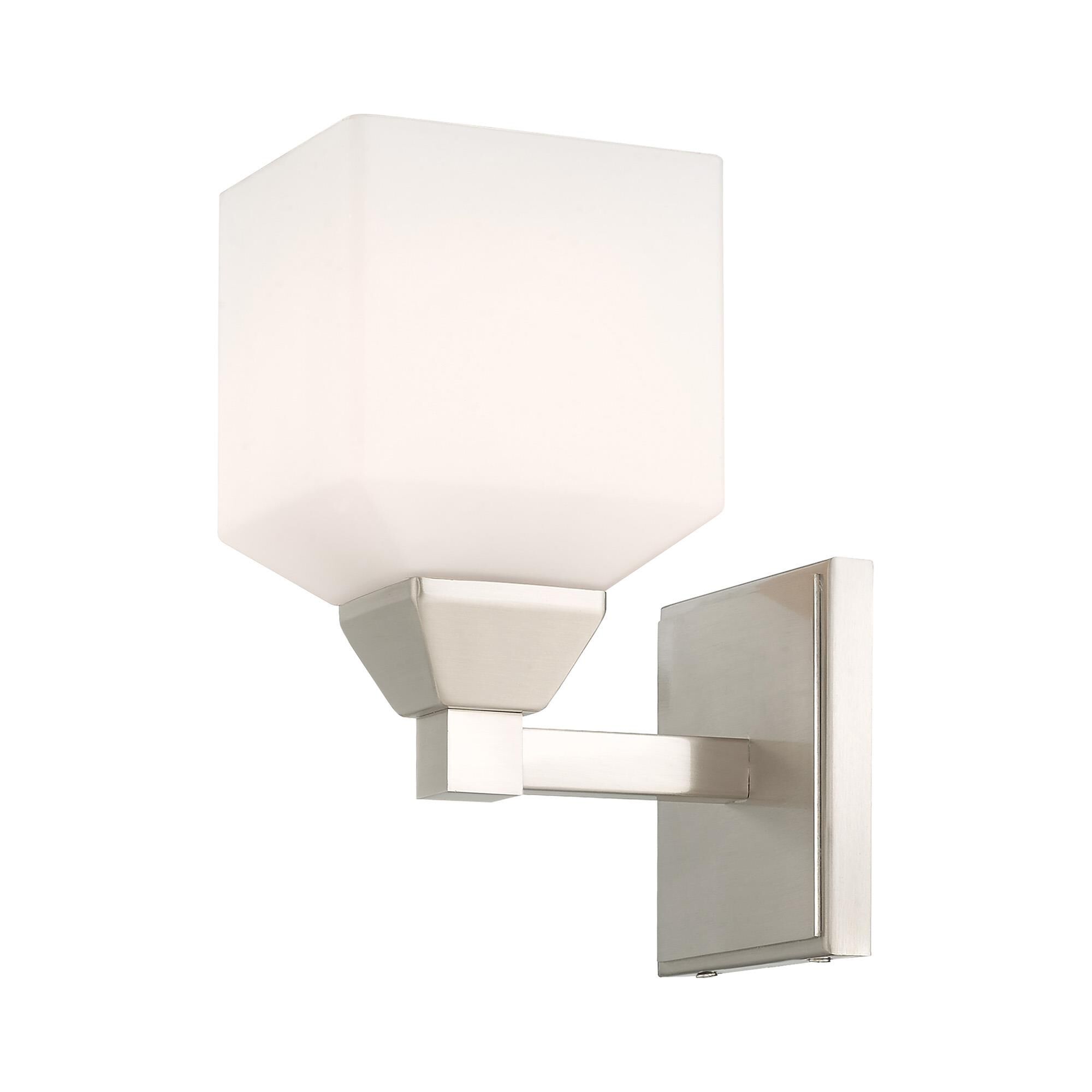 Shown in Brushed Nickel finish and Hand Blown Satin Opal White glass
