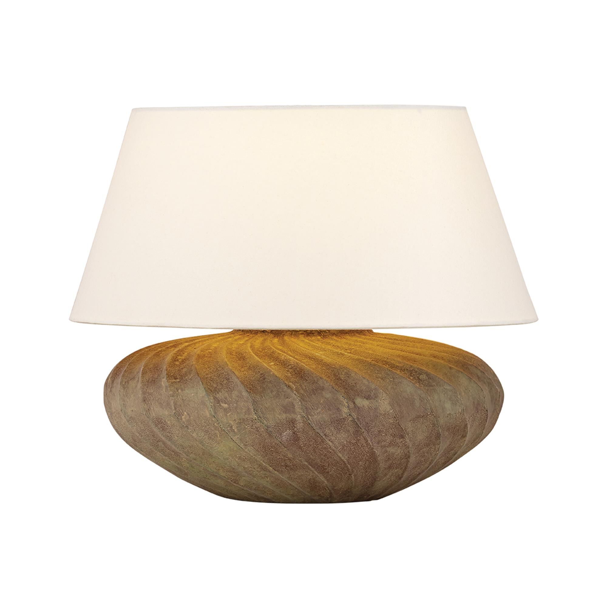Shown in Patina Brass finish and Off White Linen shade