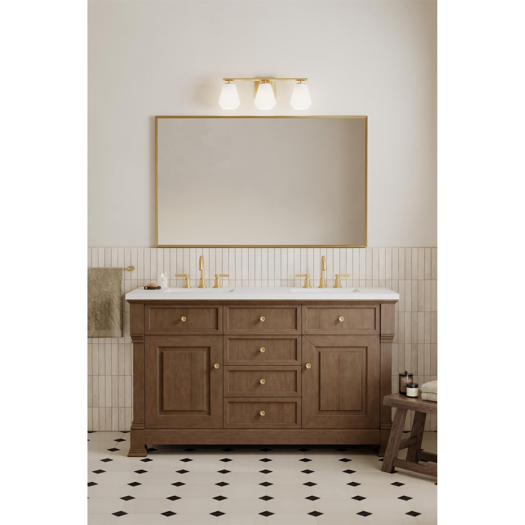 Shown in Legacy Brass finish and Alabaster glass