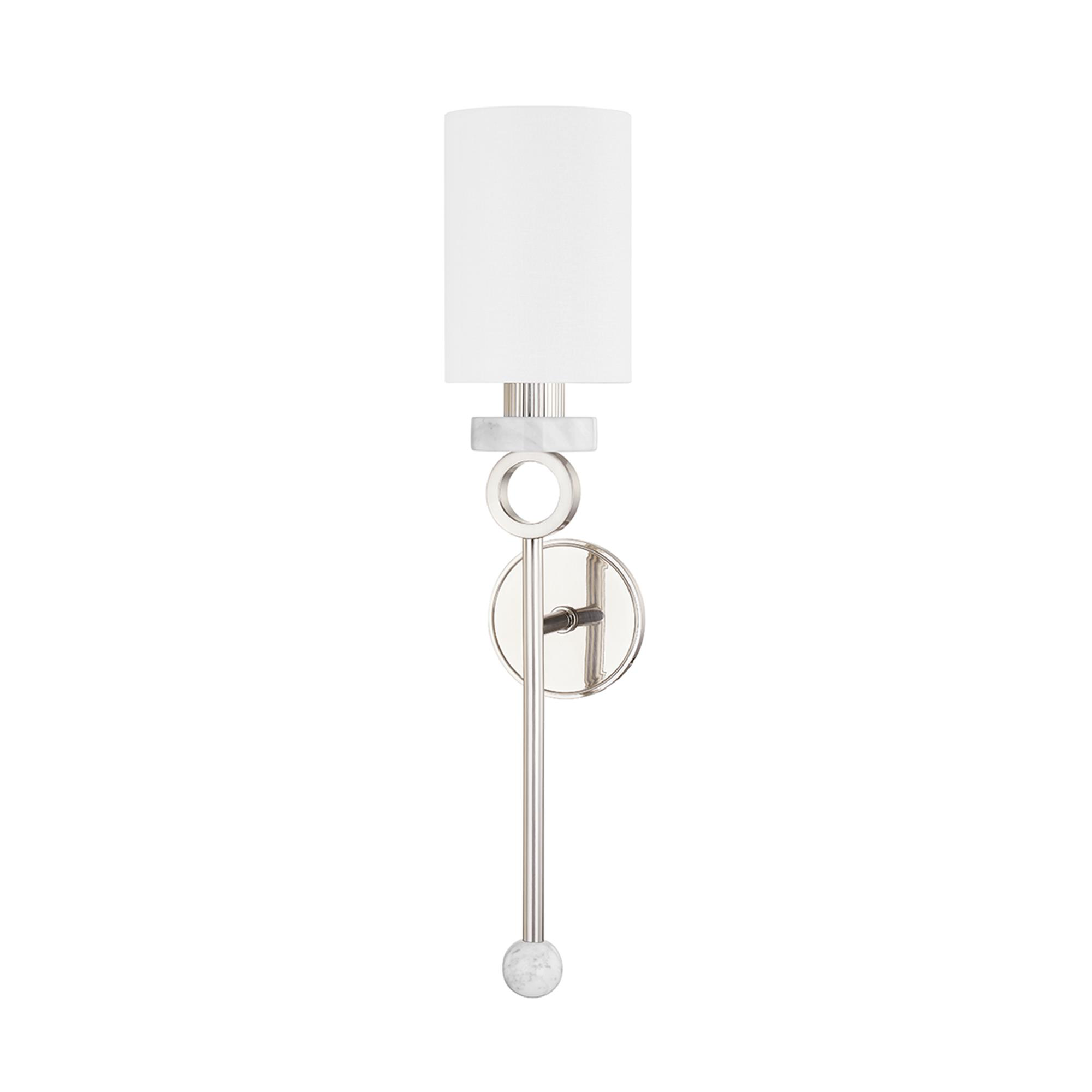 Shown in Burnished Nickel finish and White Linen shade