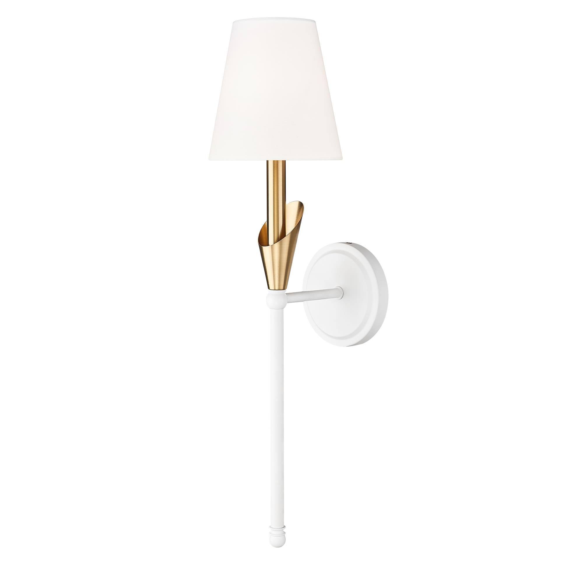 Shown in Textured White And Modern Gold finish and White glass and White shade