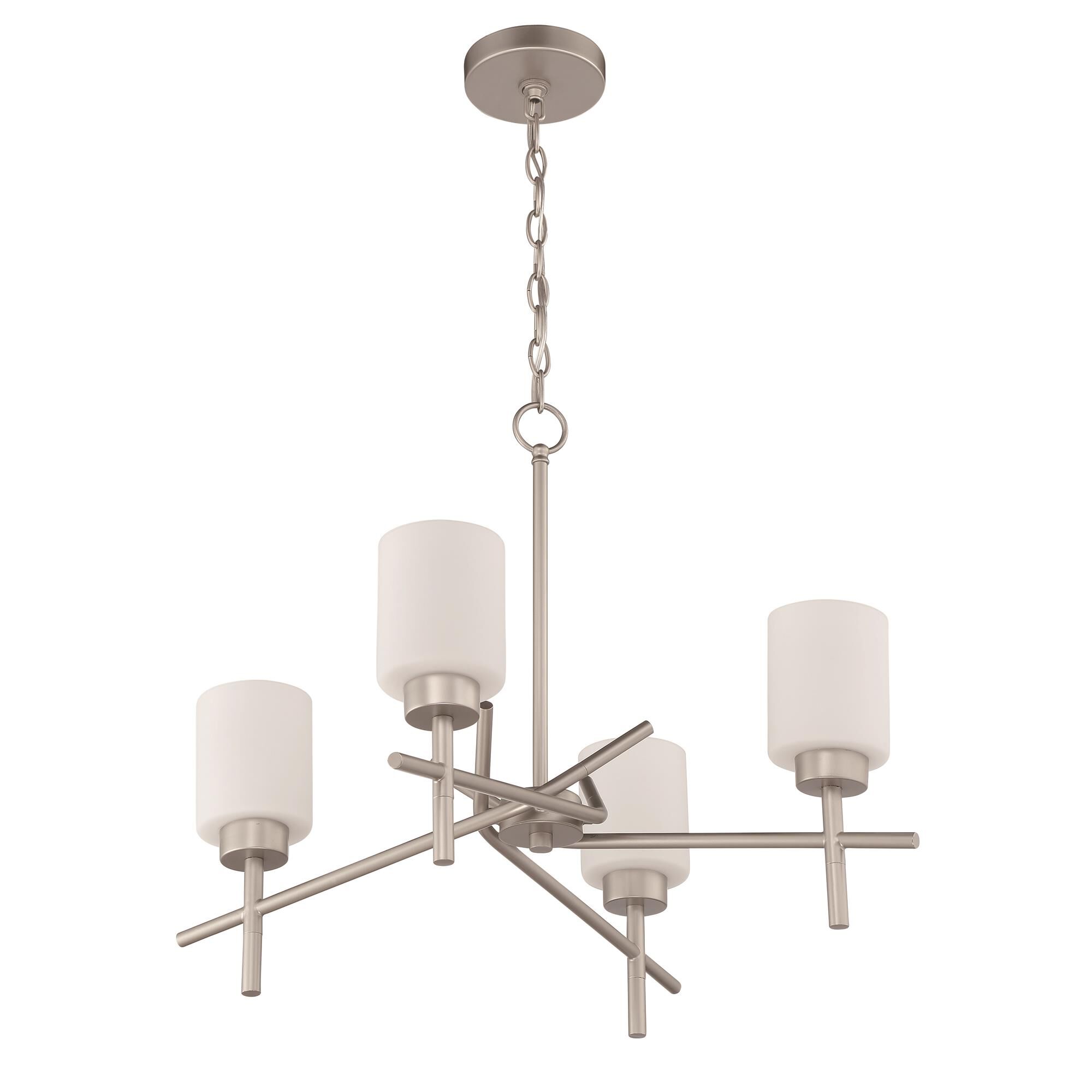 Shown in Satin Nickel finish and White Frosted glass and Glass shade