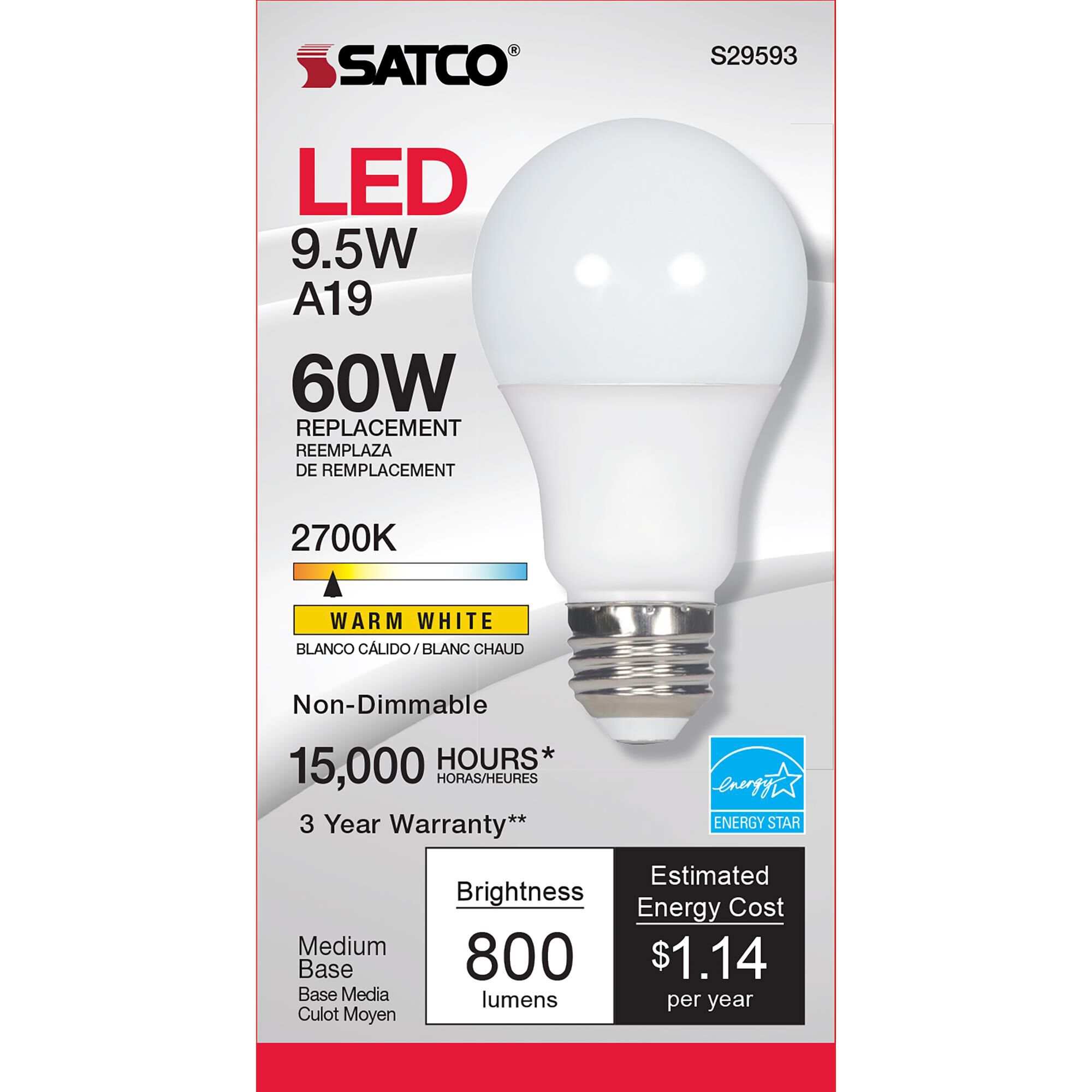 9.5 Watt 2700K A19 LED Light Bulb by Satco