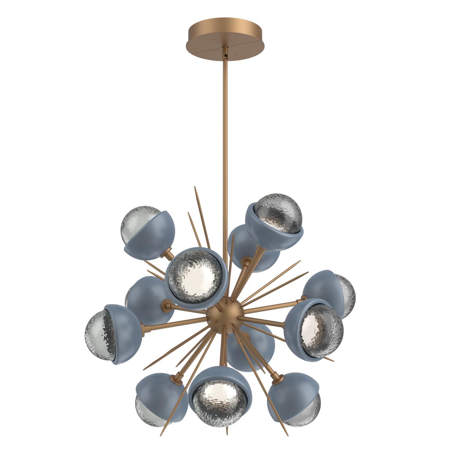 Shown in Novel Brass finish and Smoke glass and Poppy Blue accent